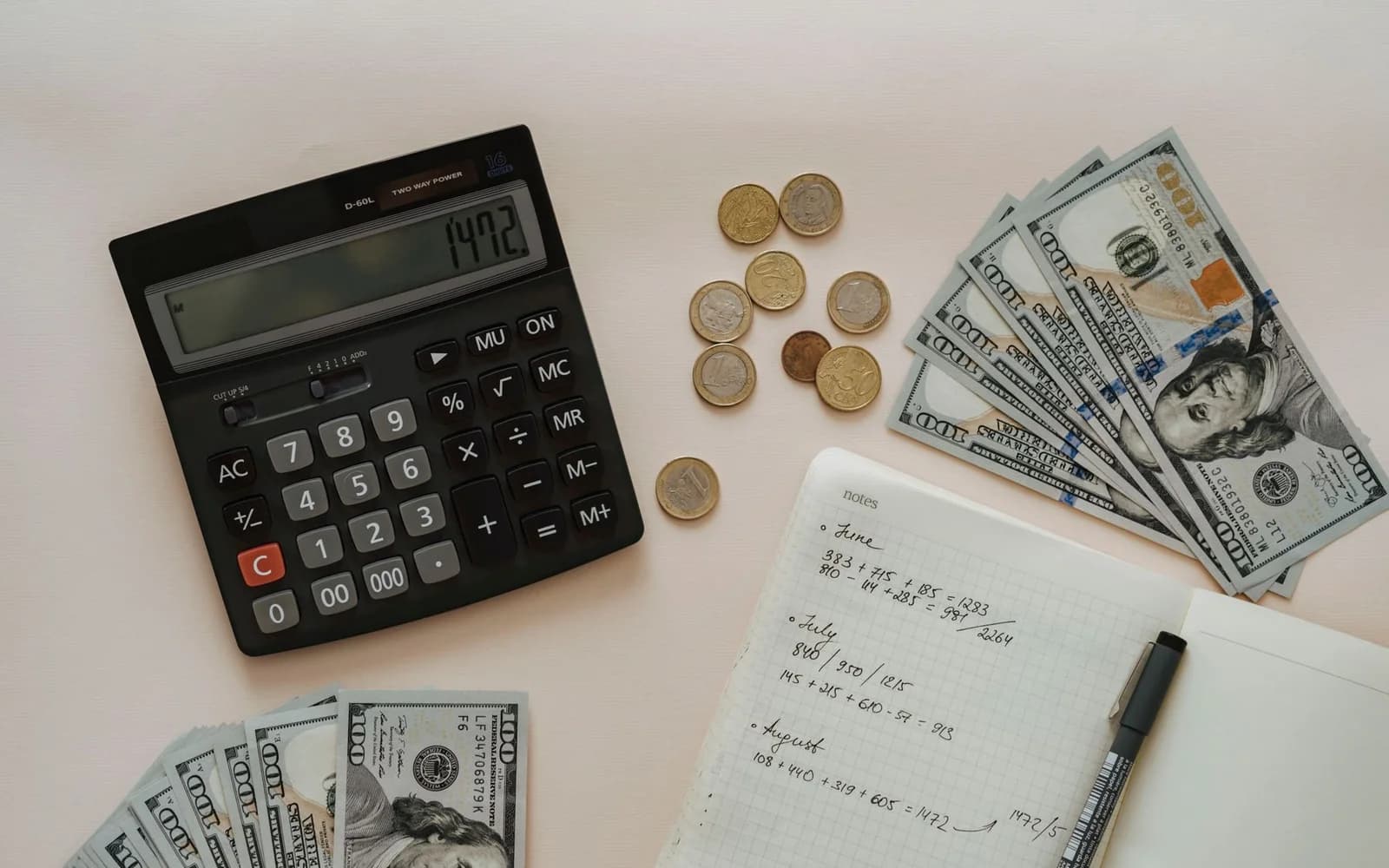 Editorial photograph: Black Calculator beside Coins and Notebook