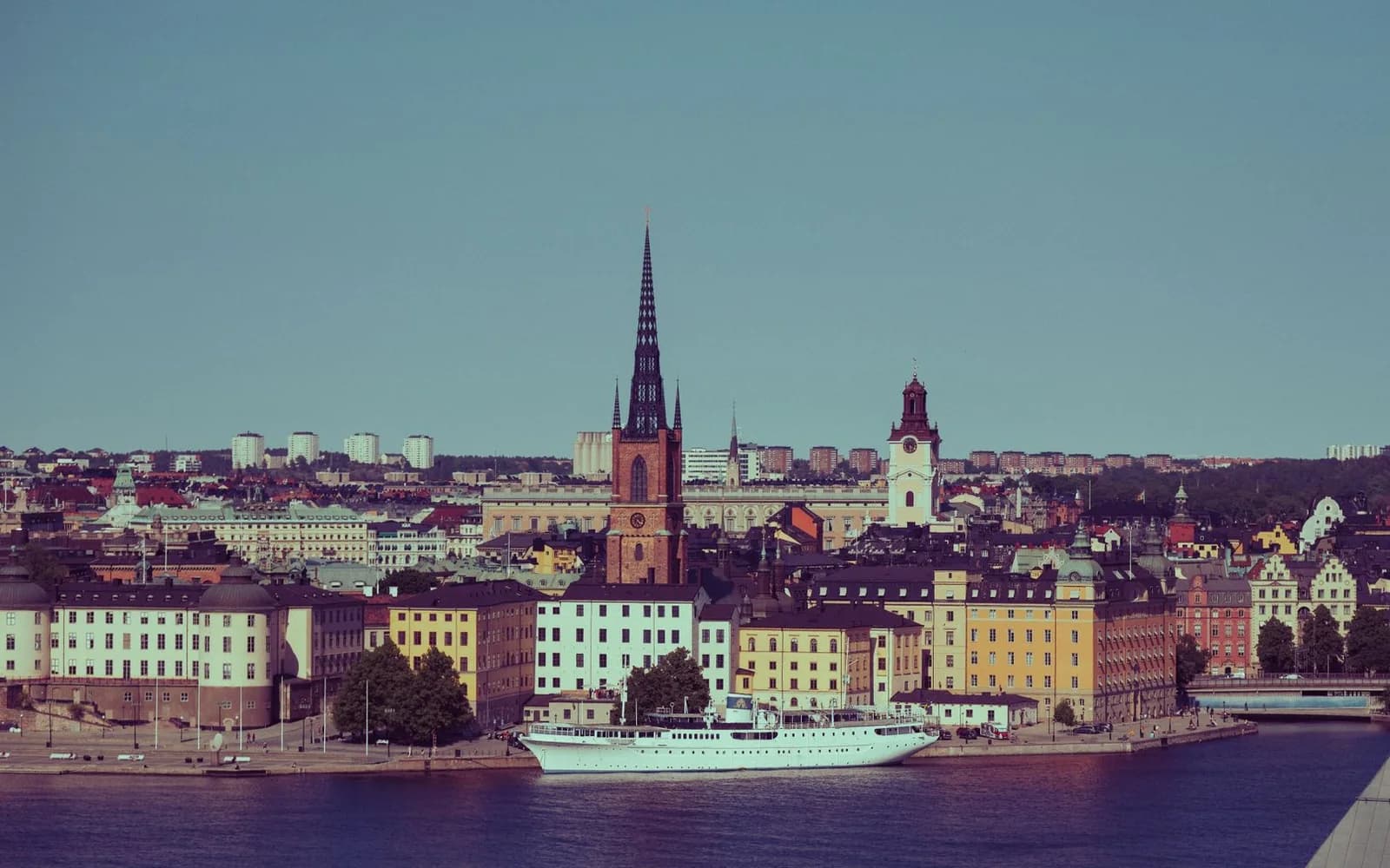 Stockholm’s old town with Riddarholmen Church and historic buildings