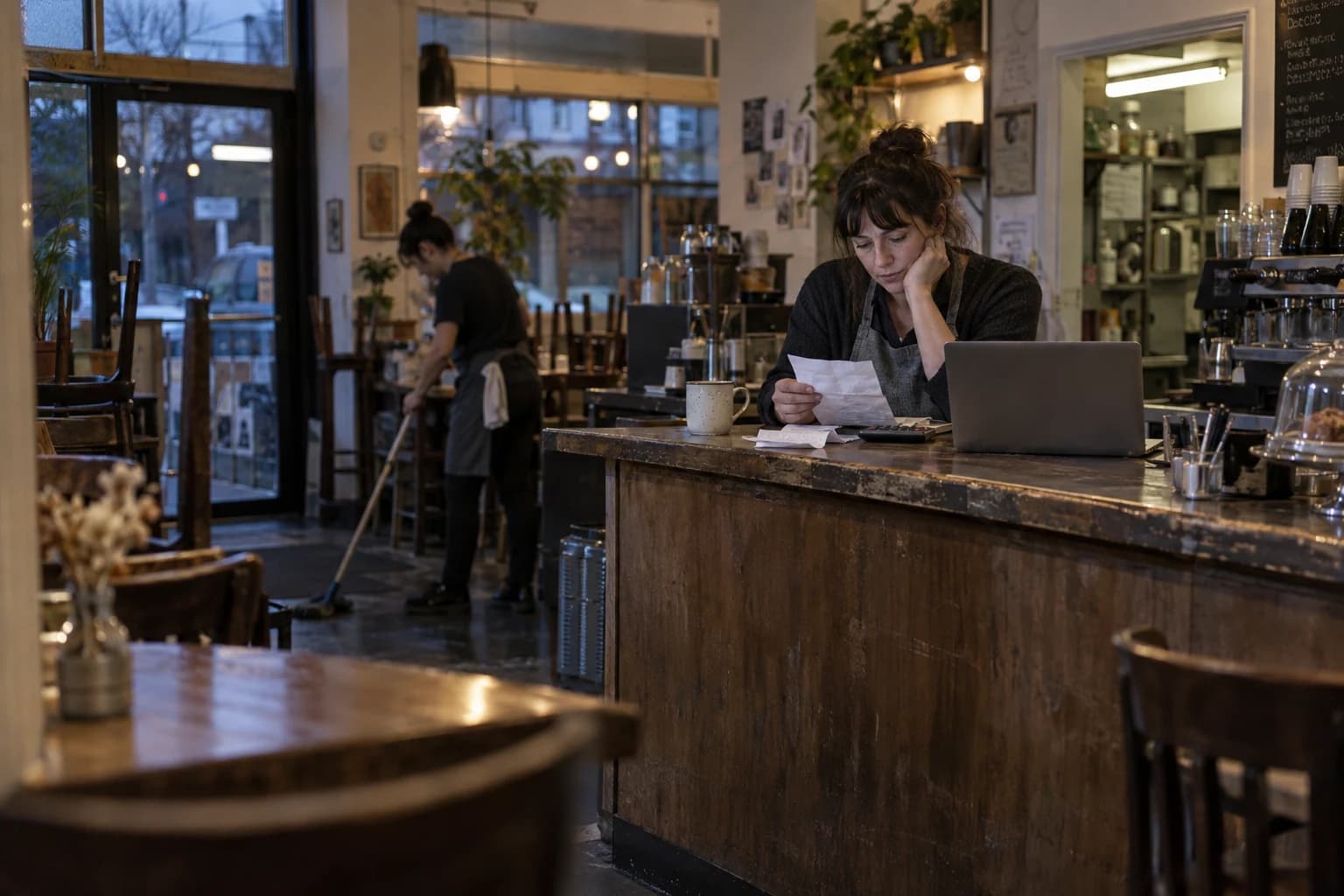 Illustration assistée par IA d’une gérante de café vérifiant ses dépenses après la fermeture