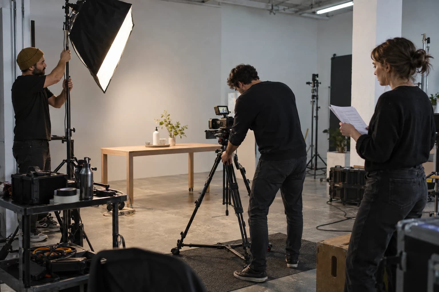 AI-assisted illustration of a small crew preparing a video shoot for a product advertisement