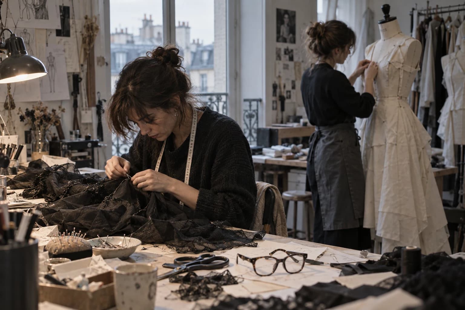 AI-assisted illustration of seamstresses working in an anonymous couture atelier; not a Dior photograph