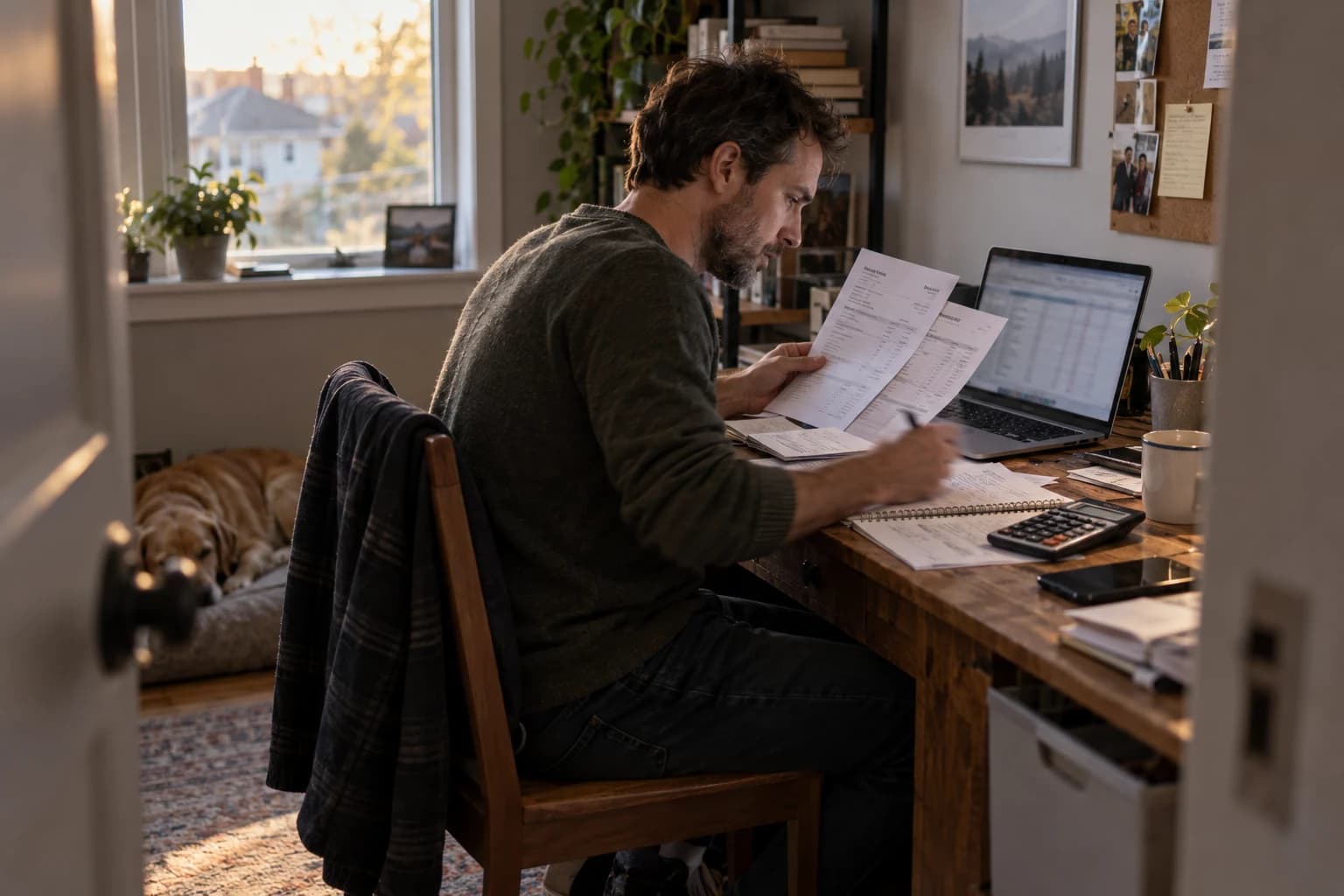 AI-assisted illustration of an analyst reviewing invoices and a cost spreadsheet at home