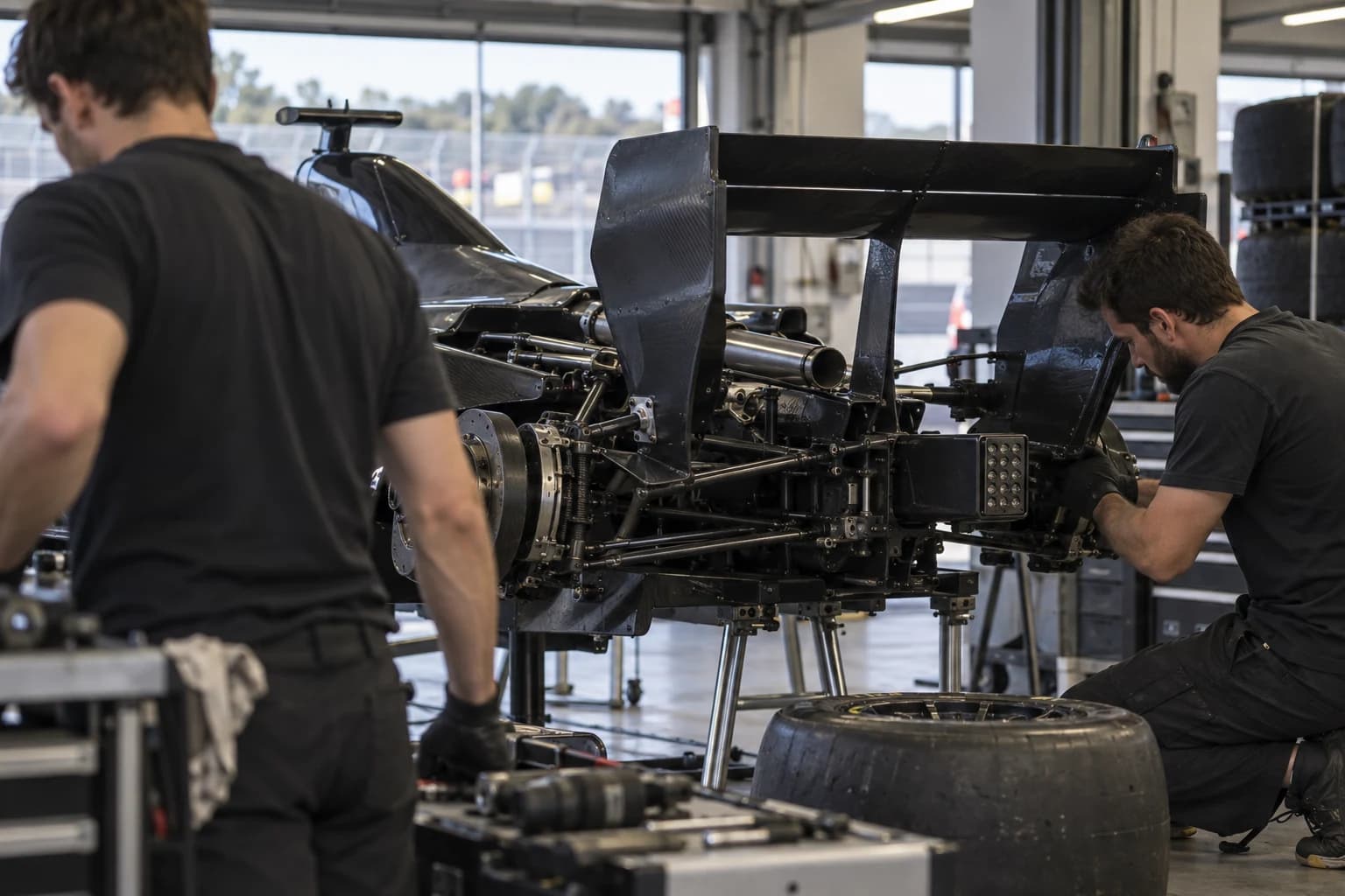 AI-assisted illustration of mechanics inspecting an unbranded race car in a garage; not a real Formula 1 team