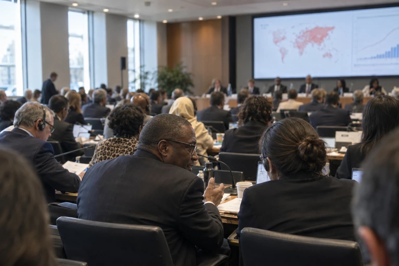 AI-assisted illustration of delegates in a generic international meeting room; not a photograph of the UN meeting