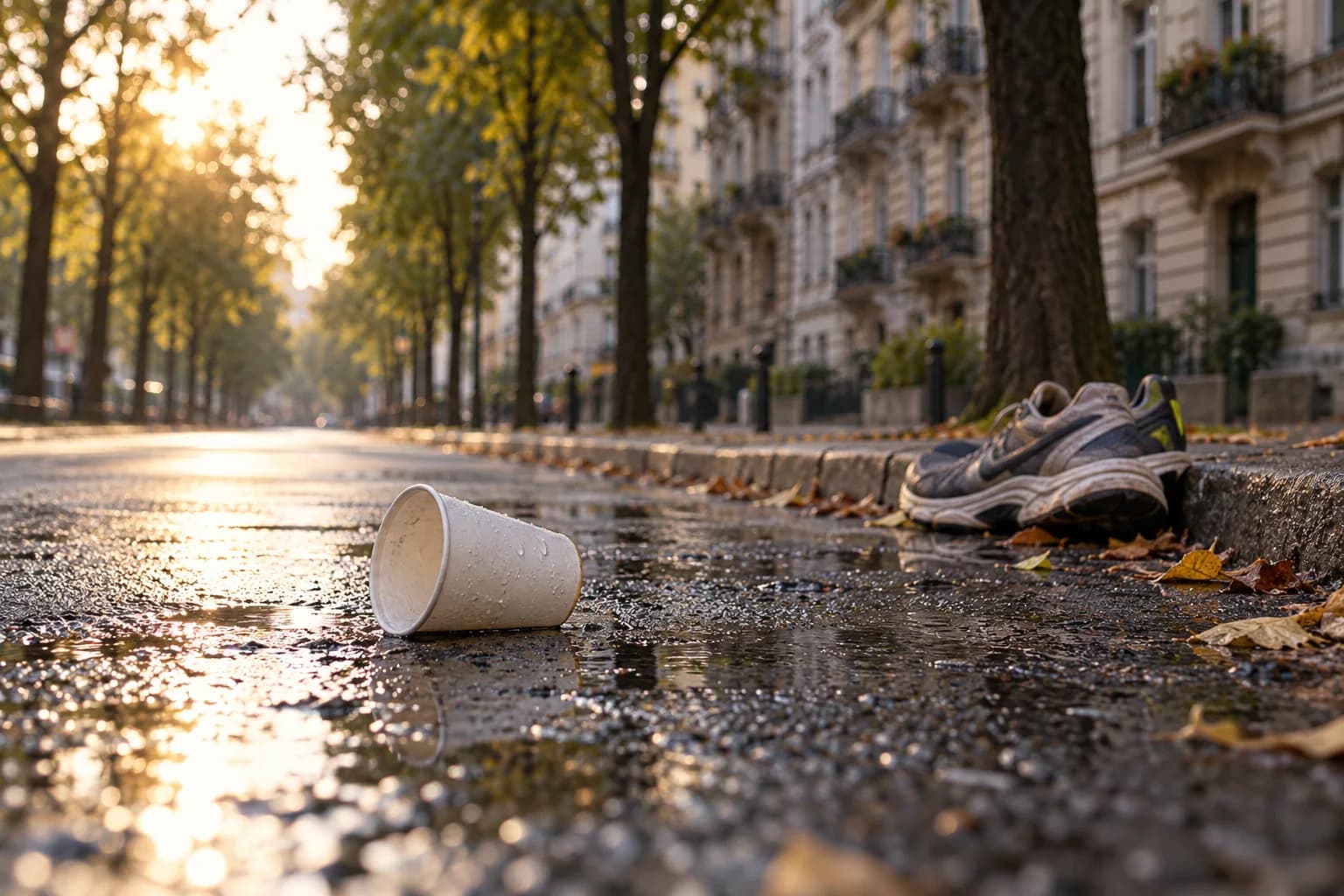 AI-assisted conceptual editorial illustration of an empty Berlin road at dawn, a neutral clock reading 2:11:04 and a water cup; no actual runner or race moment is depicted