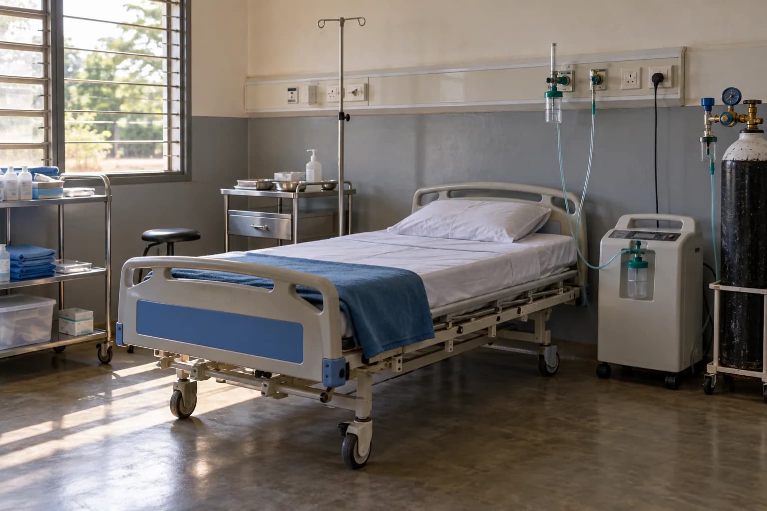 AI-assisted editorial illustration of empty, believable treatment bay with a simple bed and oxygen equipment in soft daylight; a conceptual health-system image, never a photograph of a real Ebola patient, ward or September 2026 operation.