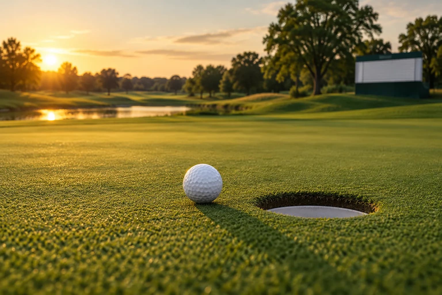 AI-assisted conceptual editorial illustration of an empty putting green, a plain ball and a neutral 17–13 score board; it does not show Medinah, players or the real deciding putt