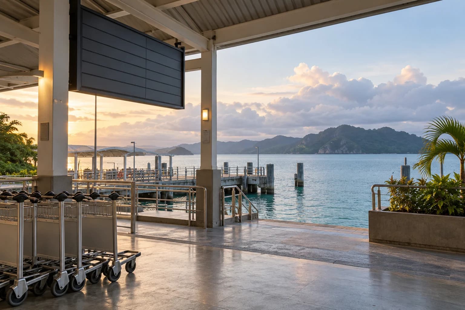 AI-assisted conceptual view of an empty generic island ferry terminal with luggage trolleys and sea; not a photograph of Seychelles arrivals