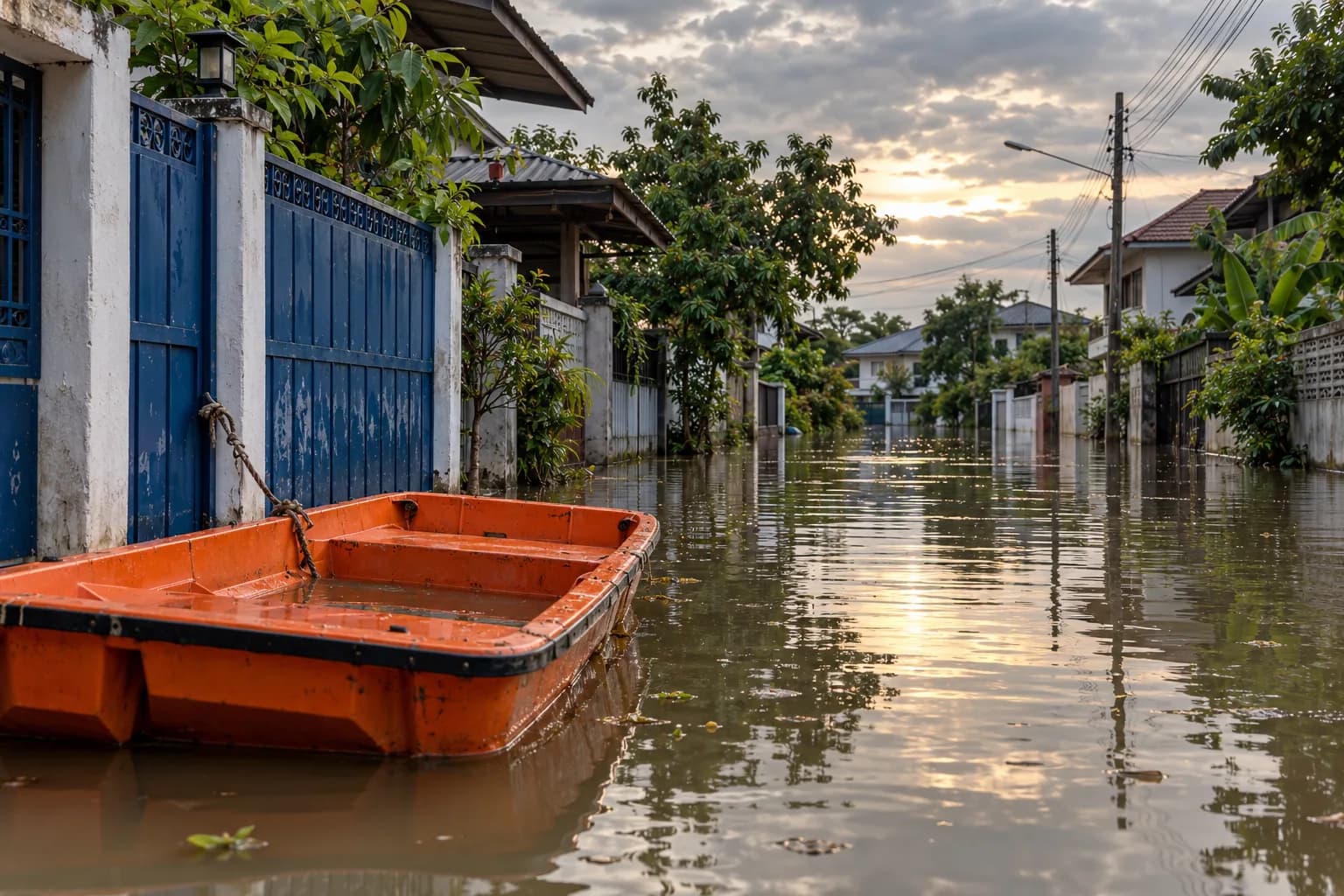 AI-assisted editorial illustration of a believable rain-soaked Thai residential lane, water against an anonymous gate and an empty rescue boat in soft grey light; a symbolic flood-relief scene, not a photograph of this event or any identified home.