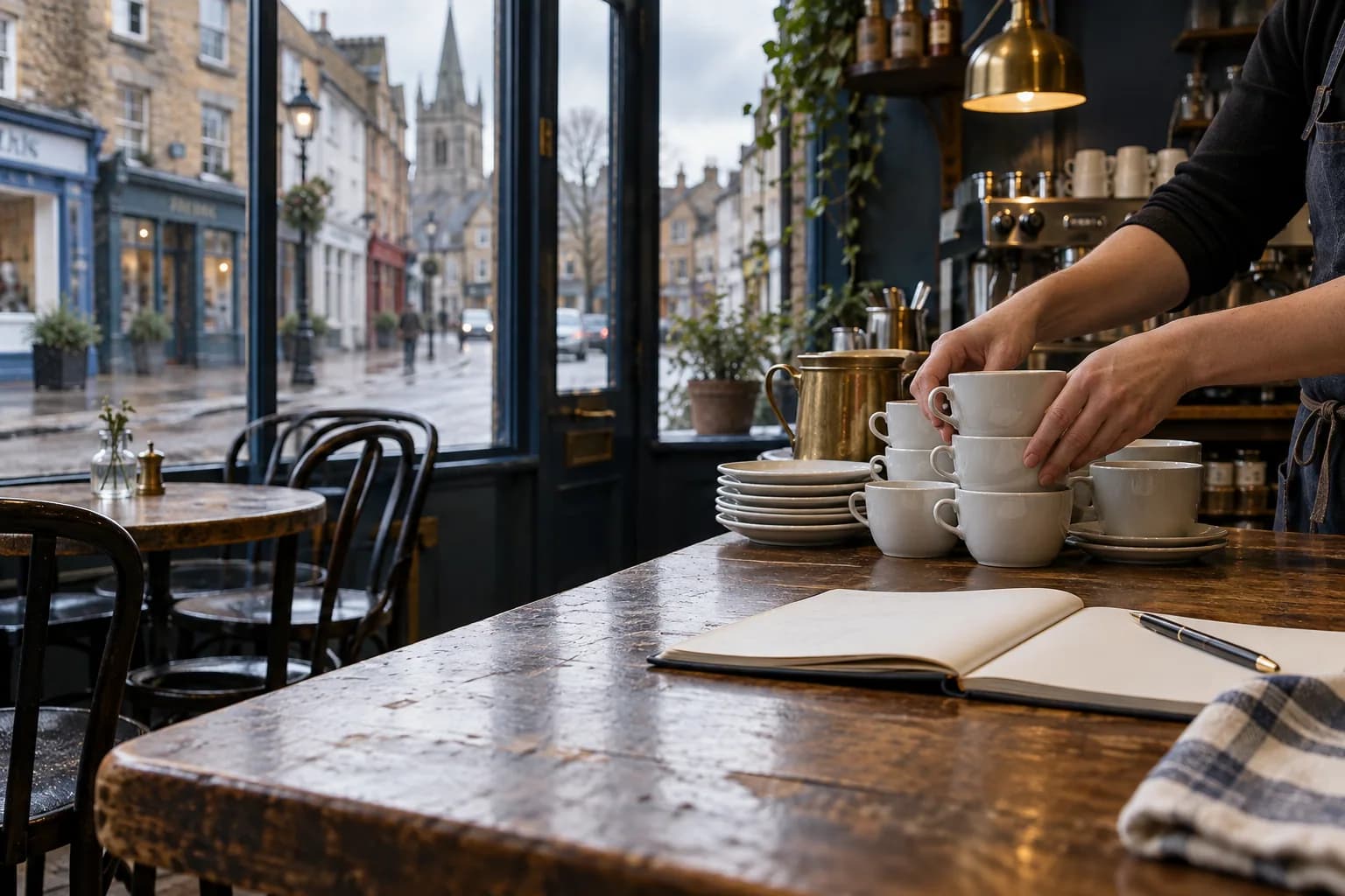 AI-assisted editorial illustration of an unbranded British high-street café opening for trade with a blank ledger; symbolic economy scene, not a photograph of ONS staff or data collection