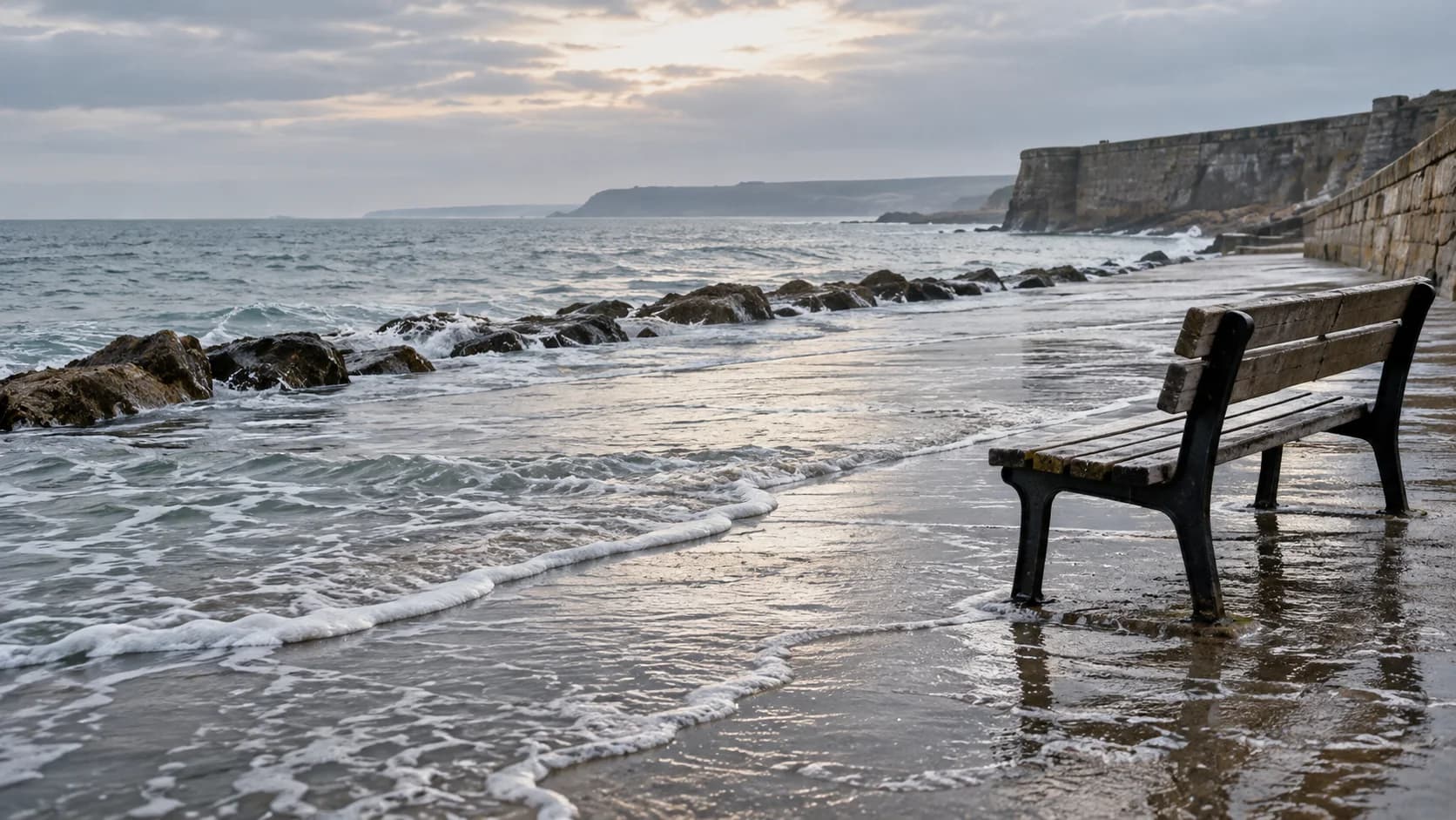 AI-assisted conceptual coastal walkway at high tide; it does not show an identified community or the UN sea-level meeting.