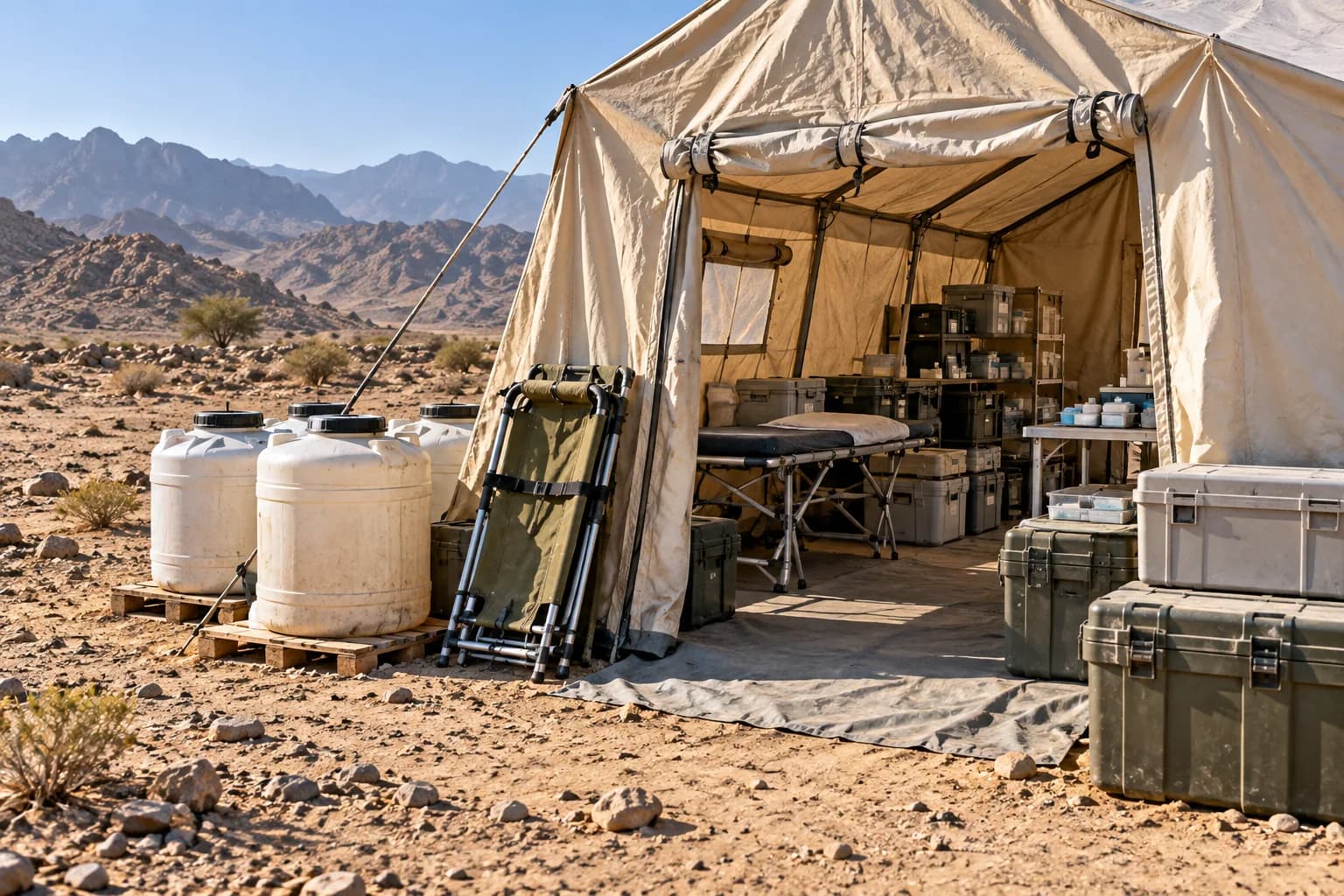 AI-assisted editorial illustration of empty mobile-clinic entrance in a dry anonymous landscape, sealed water containers and clean supply crates; a symbolic humanitarian scene, not a photograph of Yemen's fighting or any real displaced family.