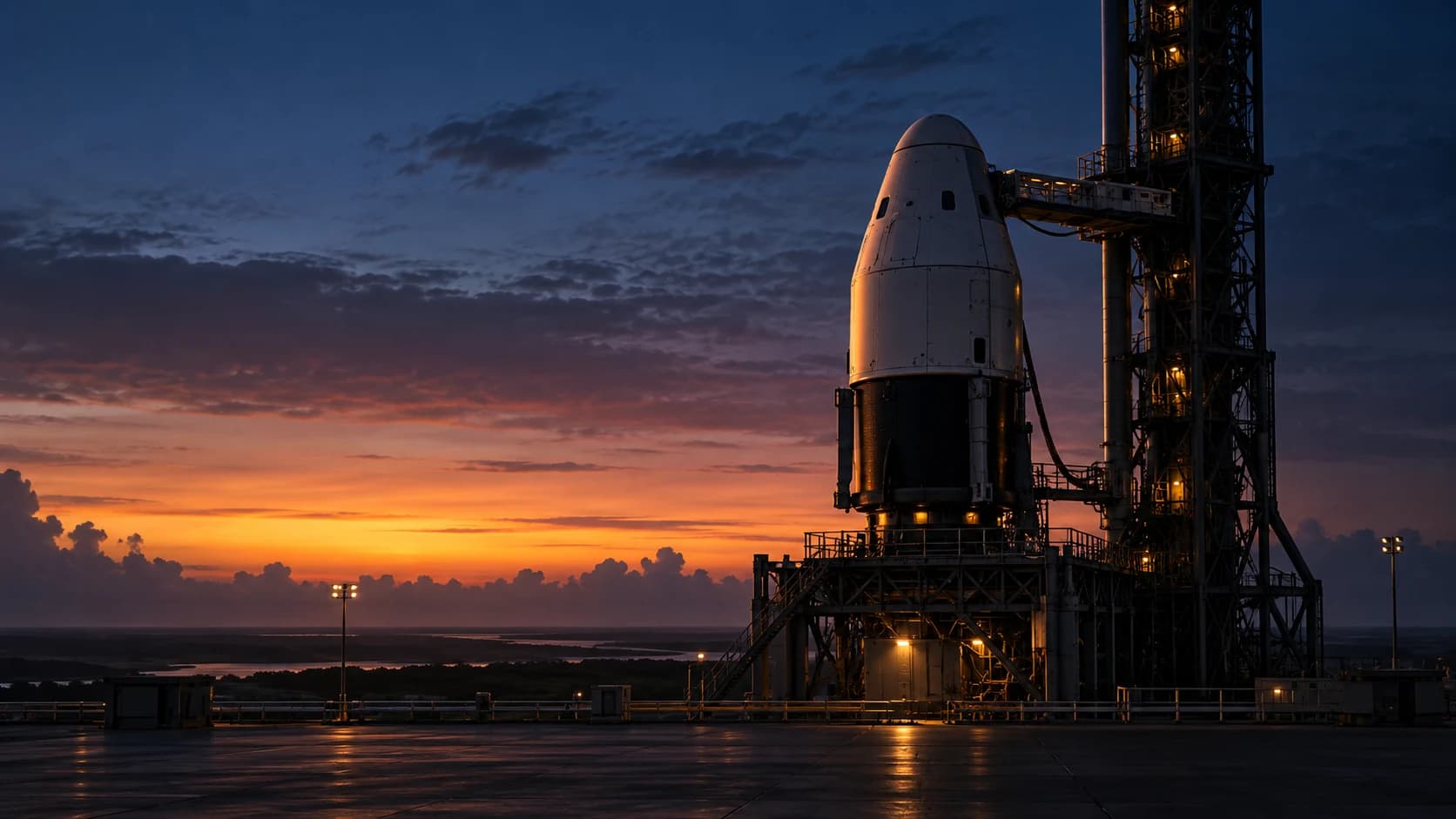 Conceptual AI illustration of an empty generic launch pad and unmarked capsule before dawn; no real Crew-13 event is shown.