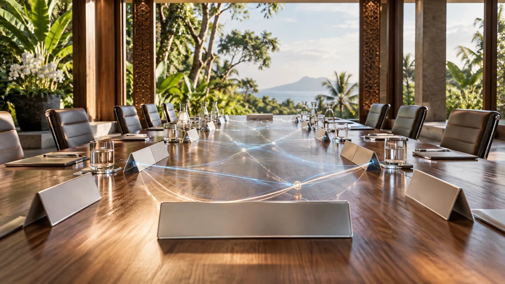 Conceptual AI-assisted image of an empty tropical meeting room with blank nameplates; not the real ICANN87 venue or a meeting photograph.