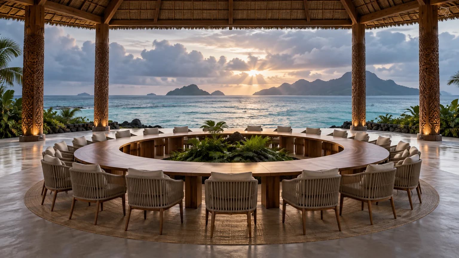 AI-assisted conceptual view of an empty pavilion facing a Pacific coast at dawn; no real delegates or meeting are shown.