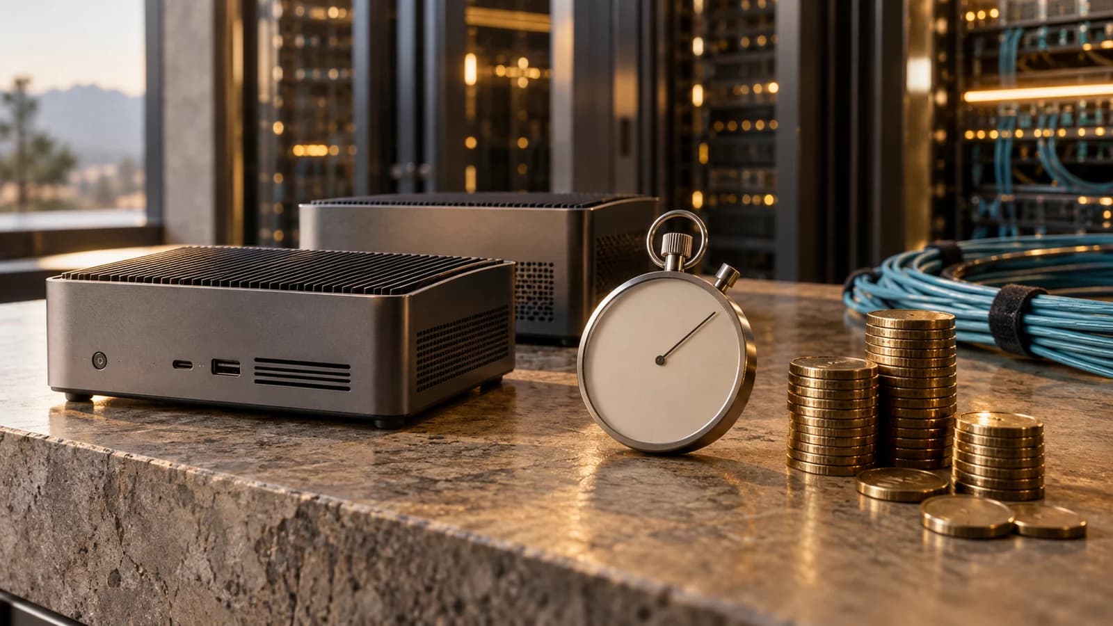AI-assisted conceptual editorial illustration of unbranded computing units, a blank stopwatch and brass tokens; no real benchmark or company data centre.