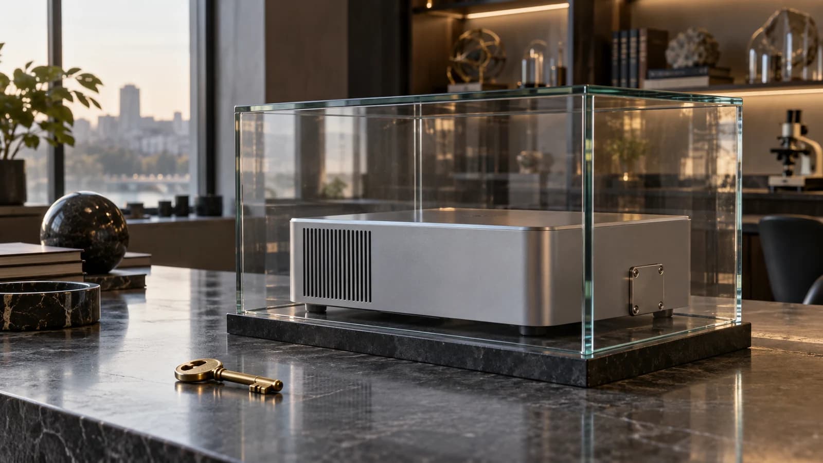 AI-assisted conceptual illustration of an anonymous computer inside a glass enclosure with a key outside; no actual incident or launch is depicted.