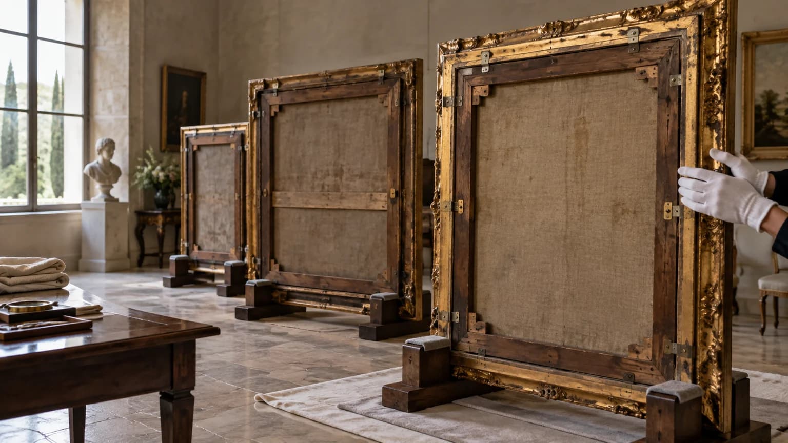 AI-assisted conceptual illustration of antique frames viewed from their canvas backs in a quiet conservation room; not the actual collection or a Sotheby’s viewing.