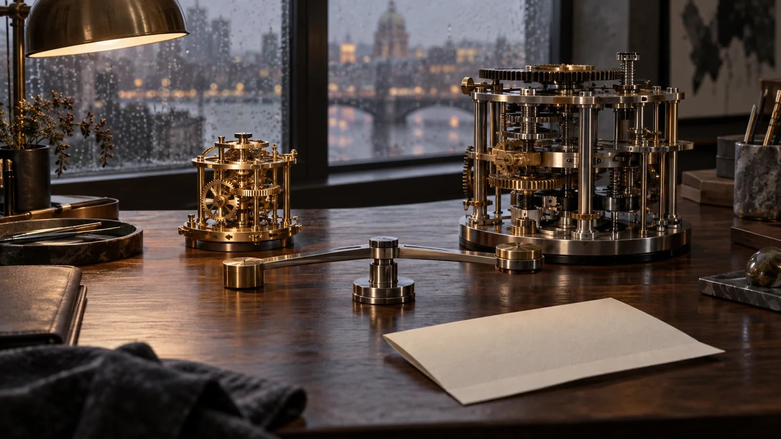 AI-assisted conceptual still life of small and large anonymous mechanical assemblies with an unmarked balance arm on walnut; no real Anthropic event.