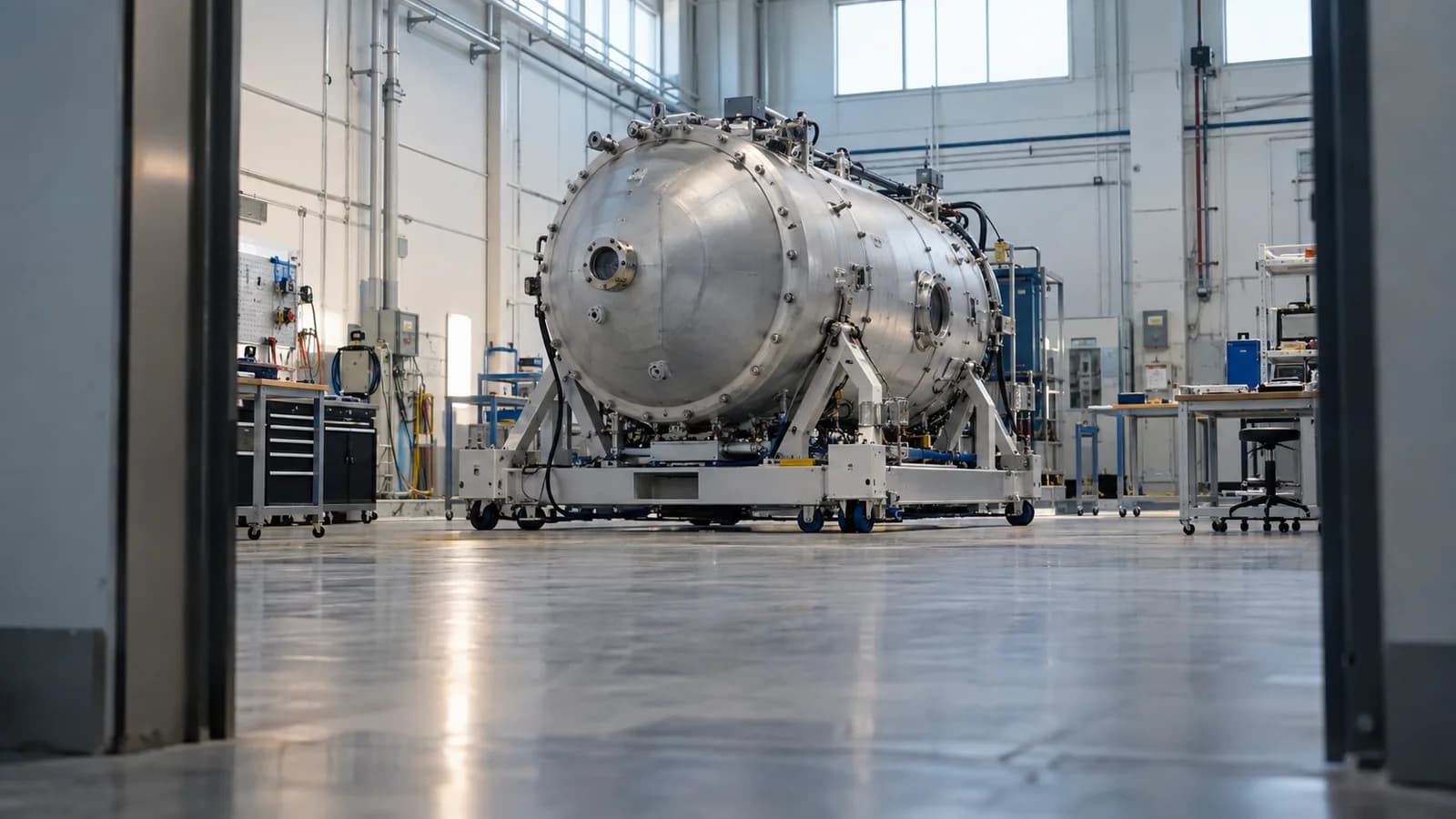 Conceptual AI illustration of a generic cylindrical pressure vessel in an aerospace cleanroom, representing ground feasibility work.