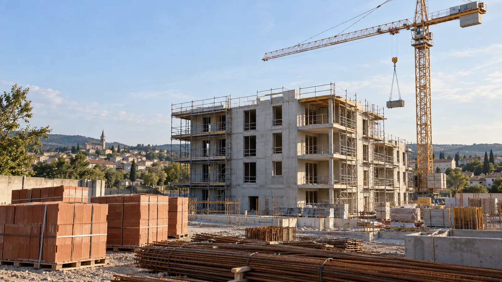 Conceptual AI illustration of a French residential building site with concrete structure, scaffolding, crane and stacked clay blocks.