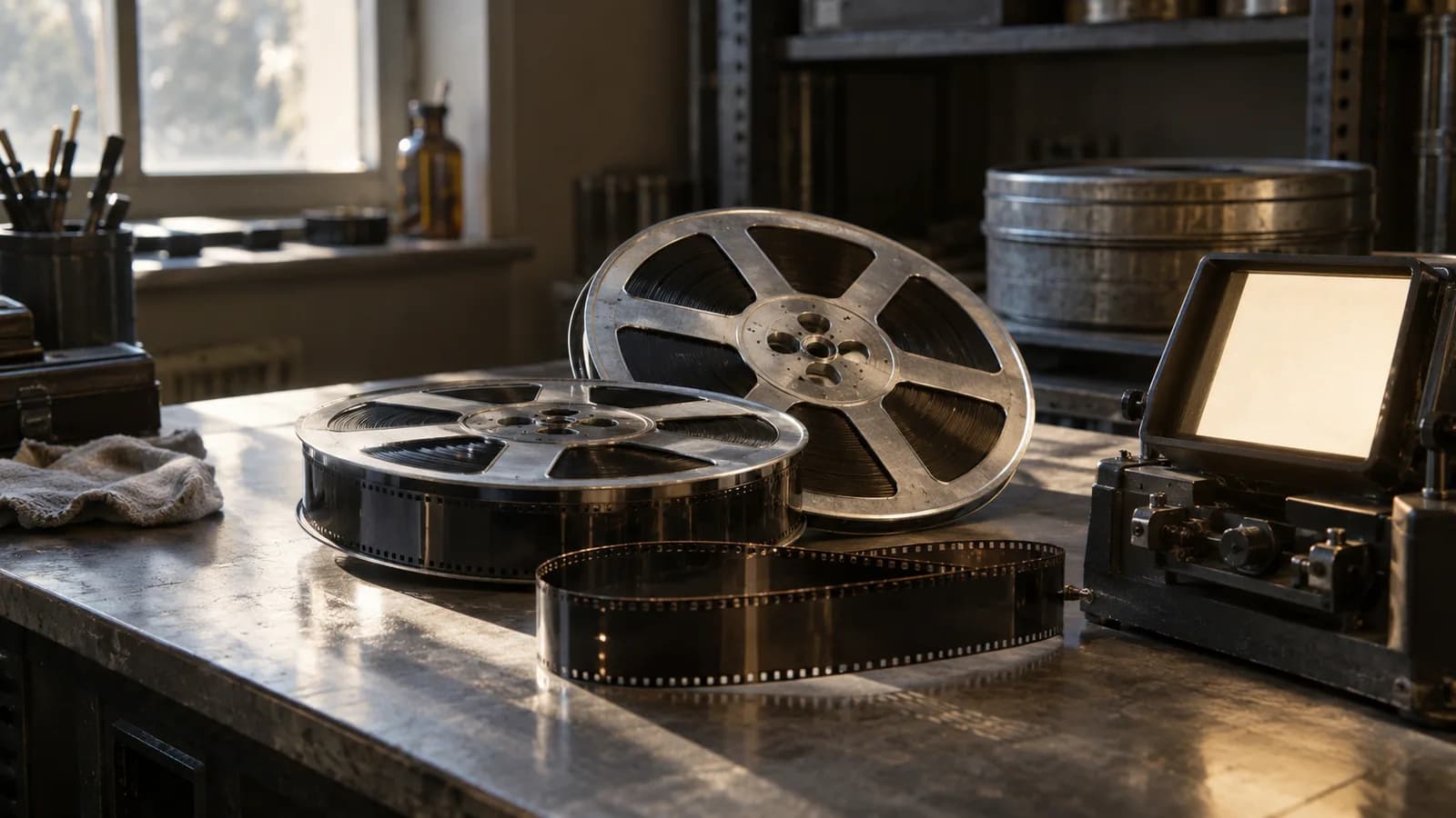 AI conceptual illustration of metal film reels, a film strip and an inspection viewer on an archive workbench; no Gone to Earth frames or actual restoration session are shown.