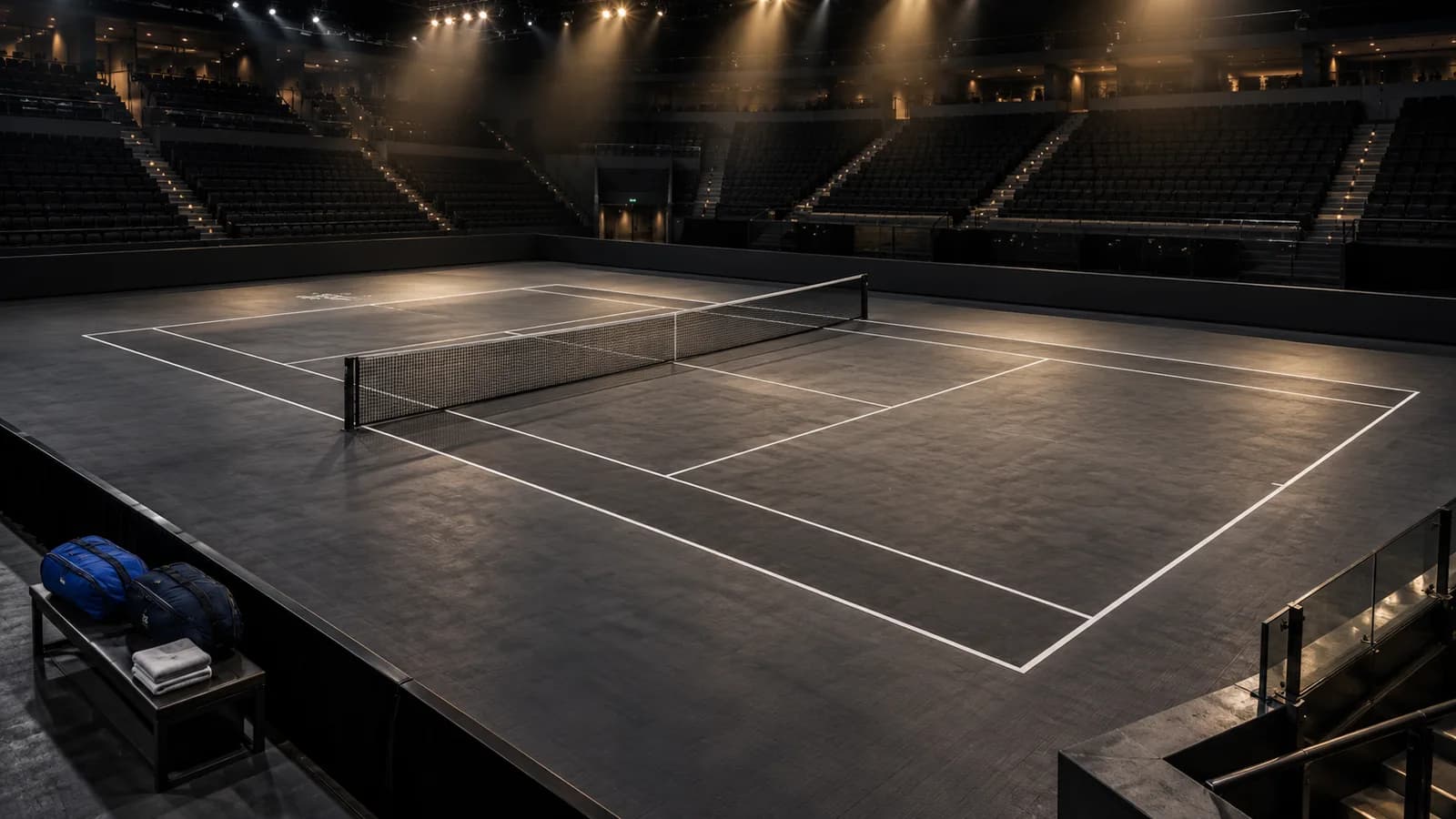 Conceptual AI illustration of an empty indoor black tennis court, with two racket bags and towels on a courtside bench.