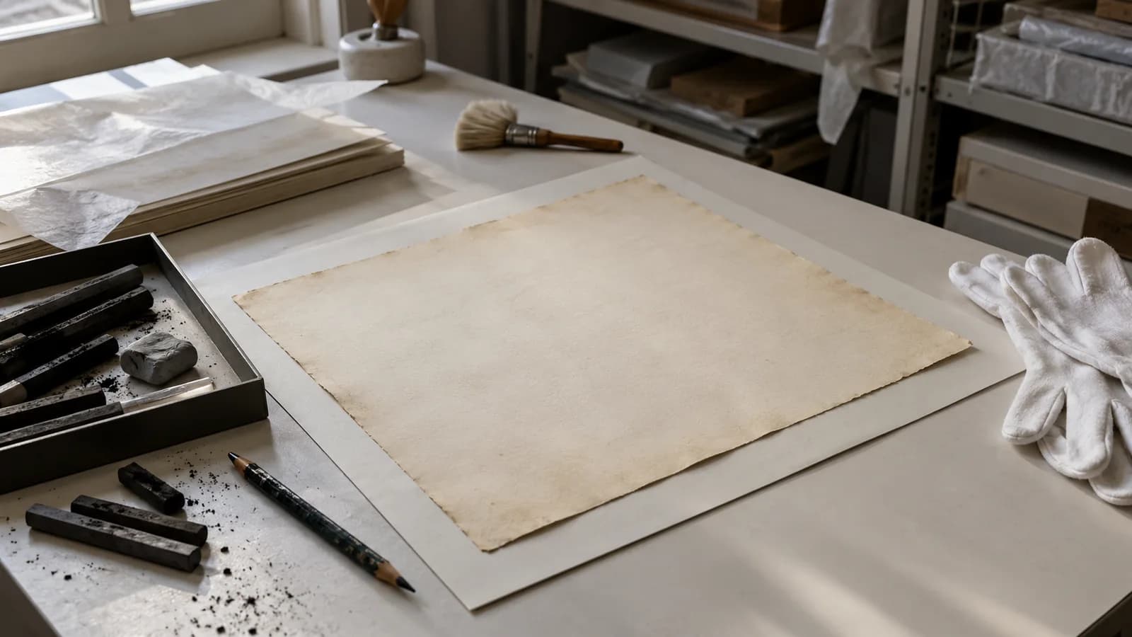 AI conceptual illustration of blank archival paper, charcoal, a pencil and cotton gloves on a conservation table; no Lewen artwork or Met gallery is depicted.