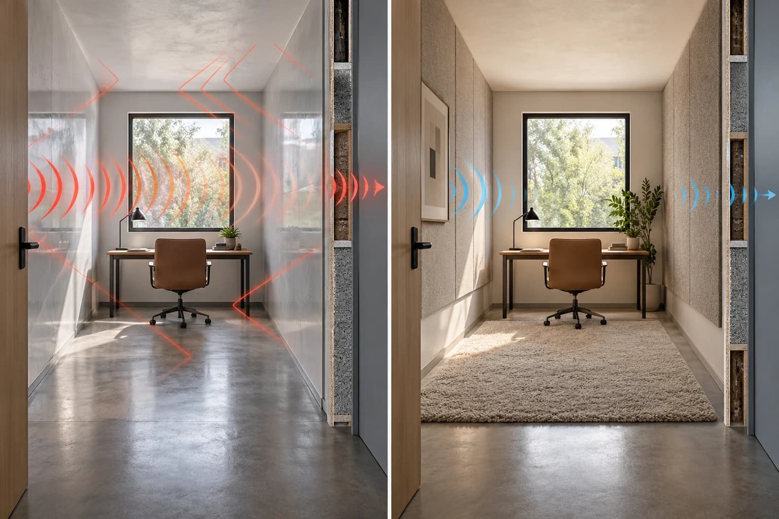AI conceptual illustration of the same study before and after adding fabric-covered panels and a rug, with a wall-section inset.