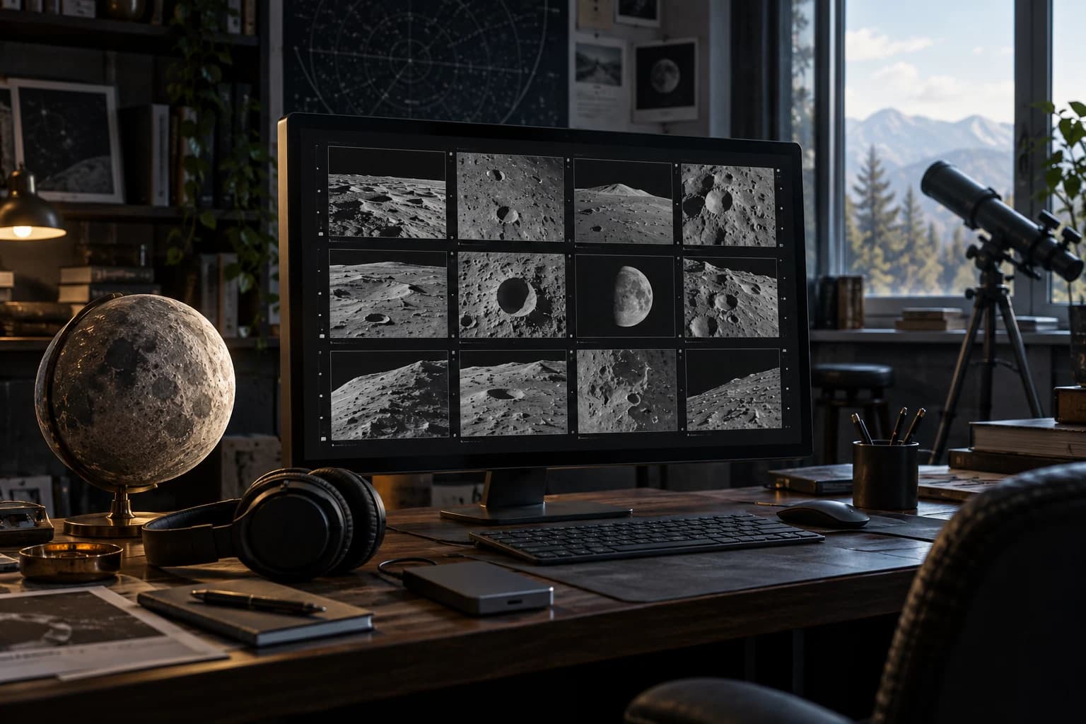 AI-generated conceptual archive station with lunar thumbnails, headphones, external drive and a Moon globe.