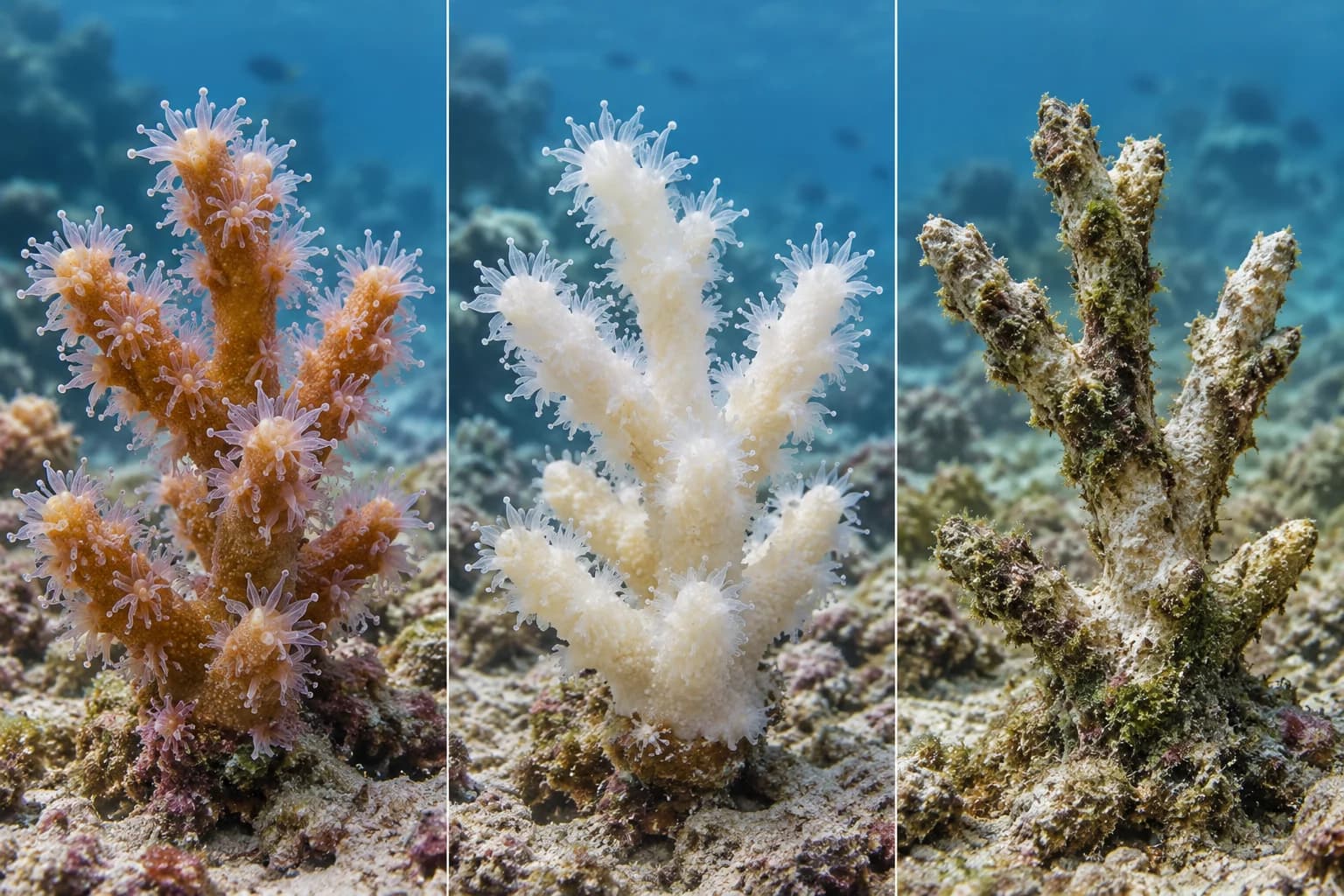 Coloured living coral tissue, bleached coral retaining tissue and an algae-covered skeleton