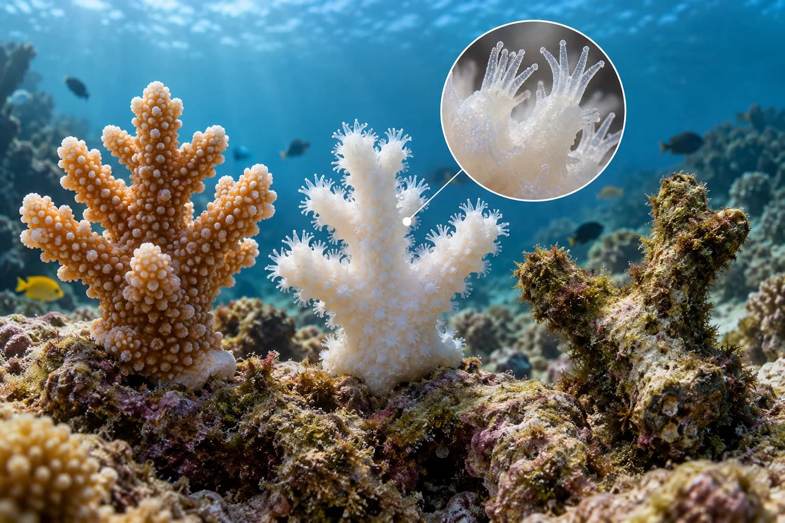 AI conceptual illustration of three coral fragments: pigmented living tissue, white bleached tissue with tiny polyps, and an algal-covered bare skeleton, with a tissue inset.
