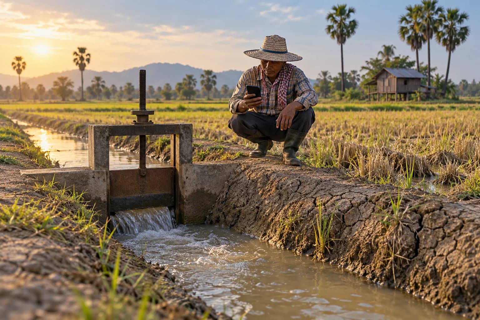 AI conceptual illustration of a farmer checking a plain phone beside a rice-field channel and earthen dike.