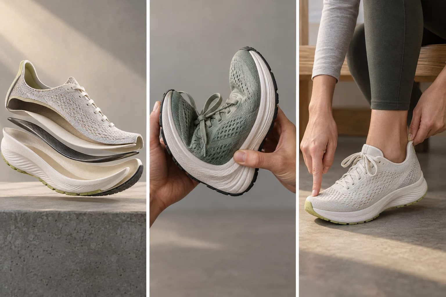 Corte conceptual de una zapatilla con placa, zapatilla flexible y comprobación del ajuste