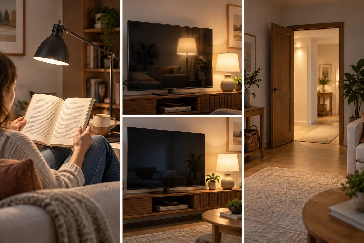Lámpara de lectura, reflejo en el televisor y paso iluminado en una misma habitación