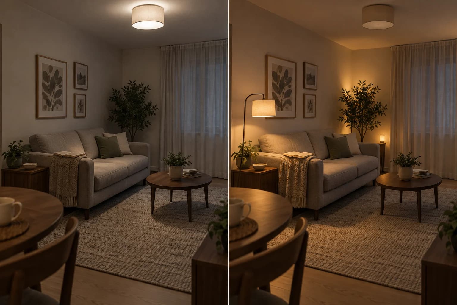 Ilustración generada con IA de la misma idea de salón con luz de techo y con lámpara de lectura y luz indirecta.
