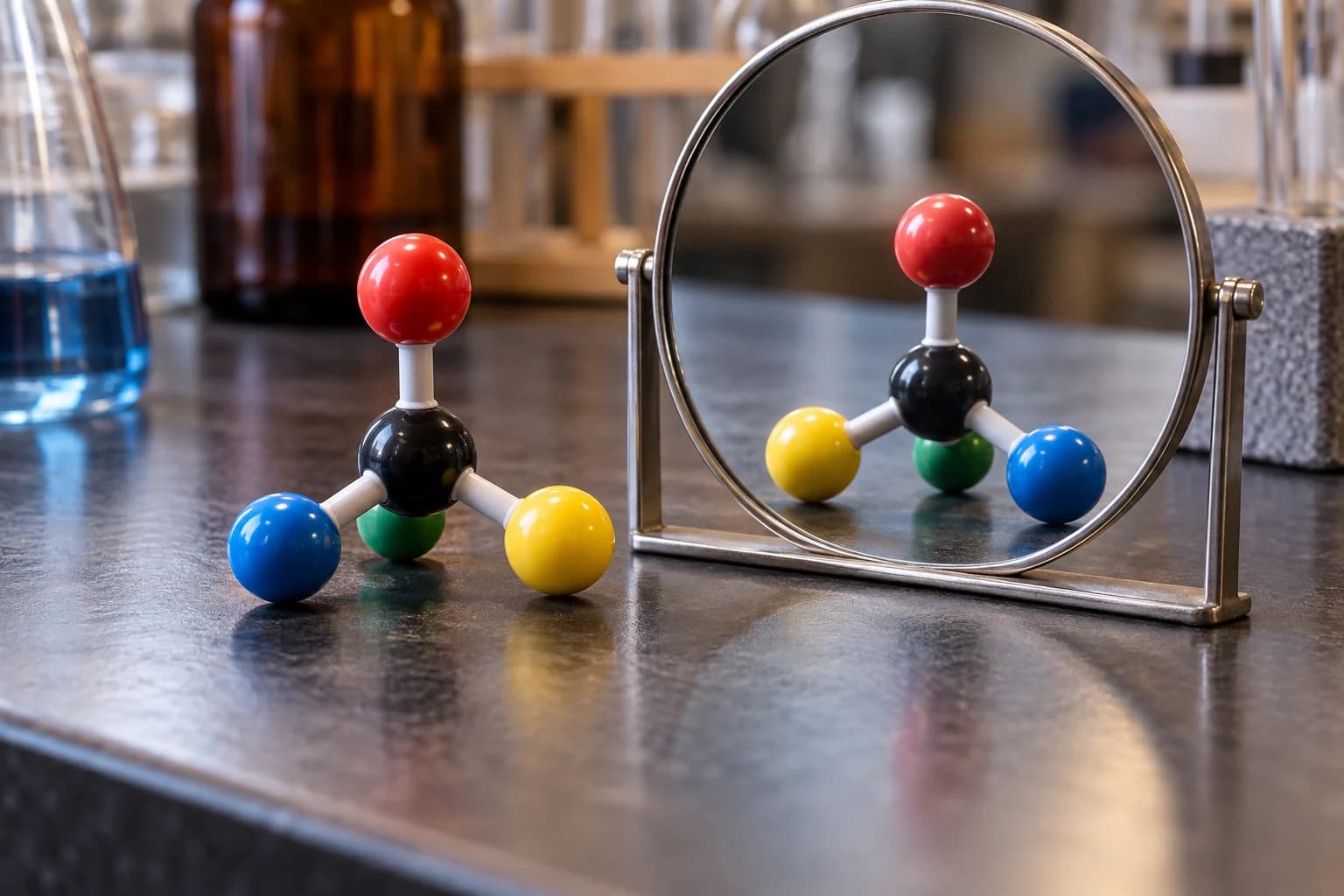 Ilustración conceptual generada con IA: dos modelos moleculares tetraédricos reflejados junto a un pequeño espejo sobre una mesa de laboratorio.