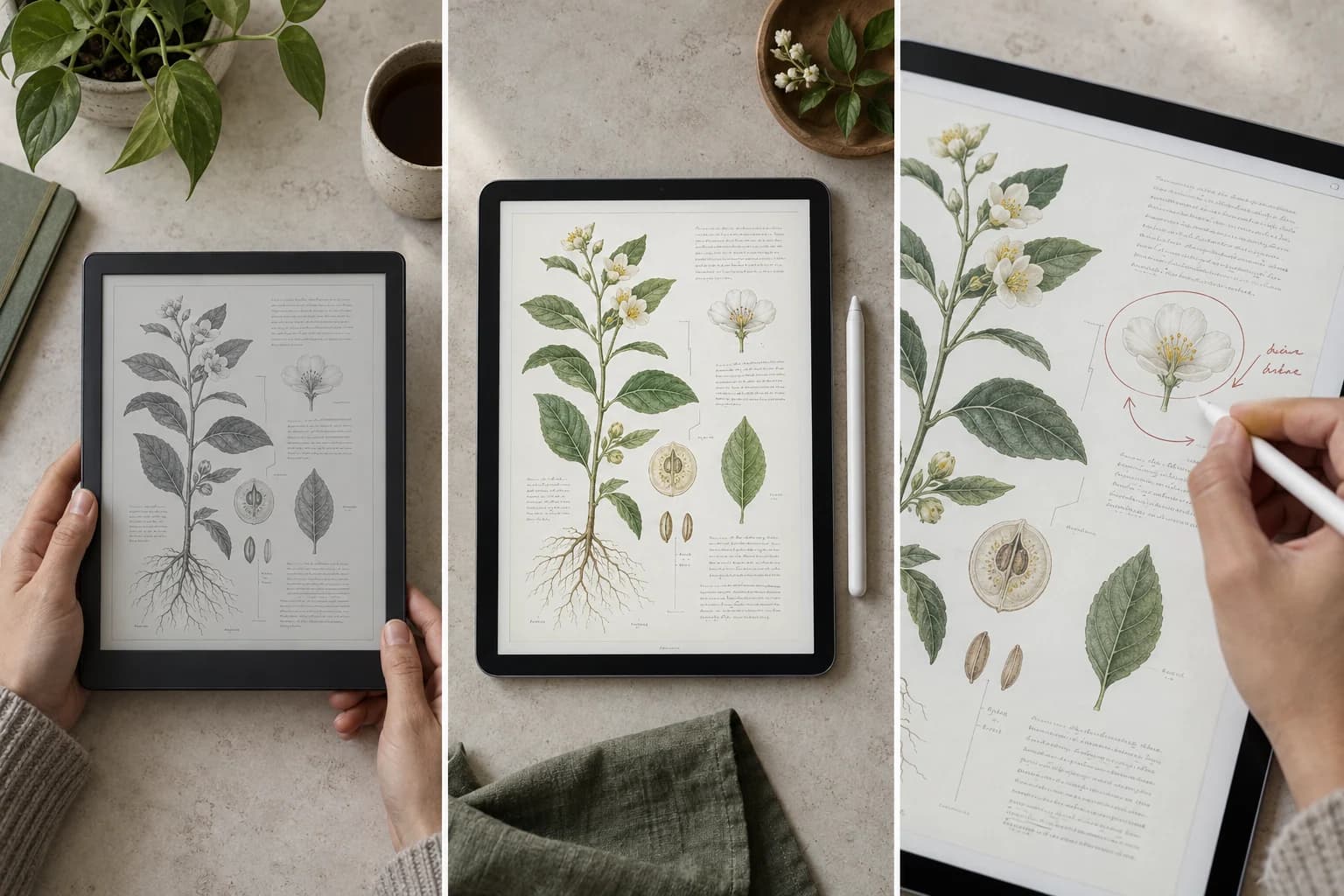 Page PDF sur encre électronique, écran couleur et détail agrandi annoté