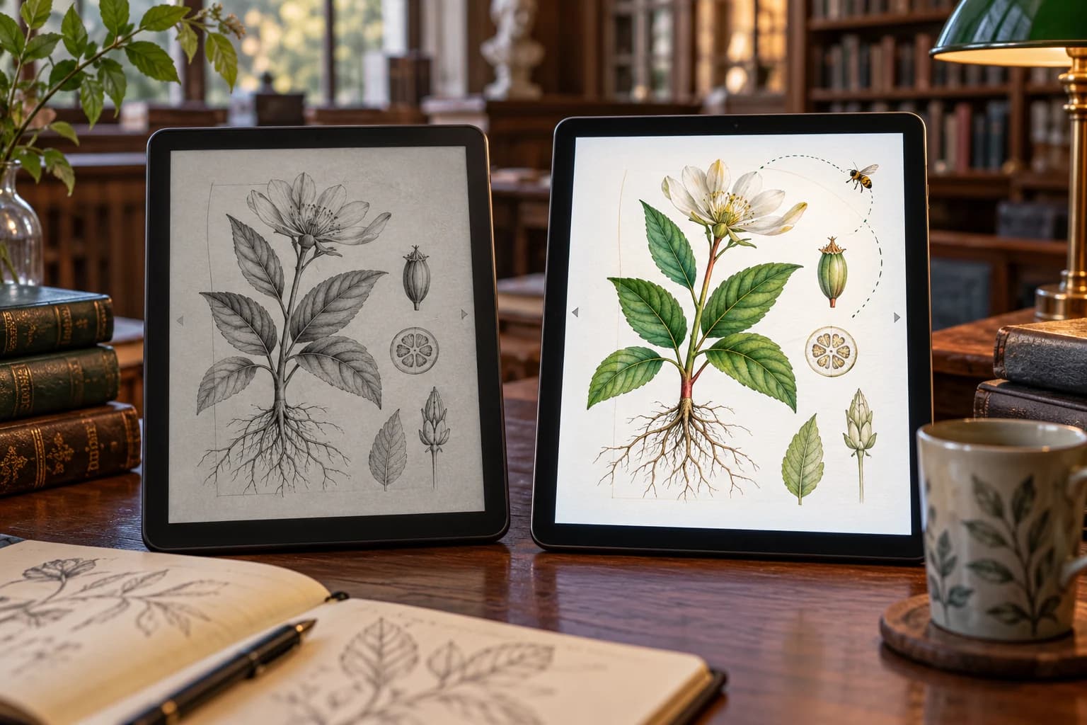 Illustration créée par IA de deux tablettes sur une table de bibliothèque : page botanique grise sur papier électronique et colorée sur LCD.
