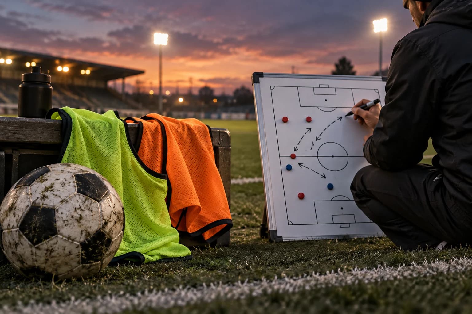 AI-generated conceptual coaching scene with football, training bibs and a passing route on a magnetic board.