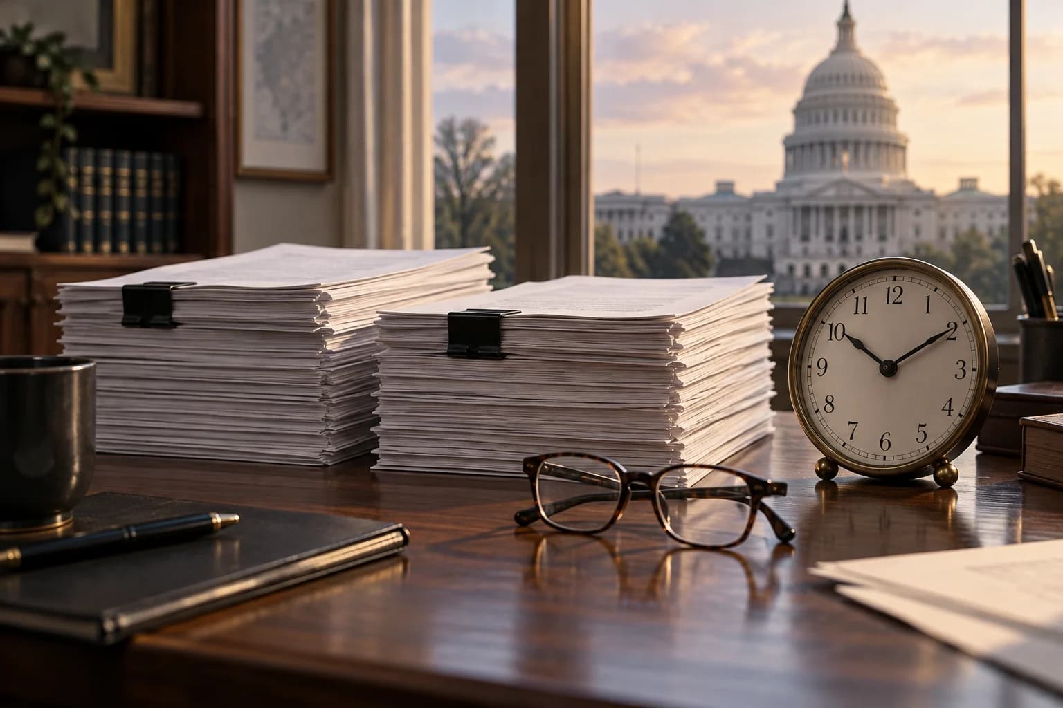 AI conceptual illustration of two document stacks, an analogue desk clock and reading glasses.