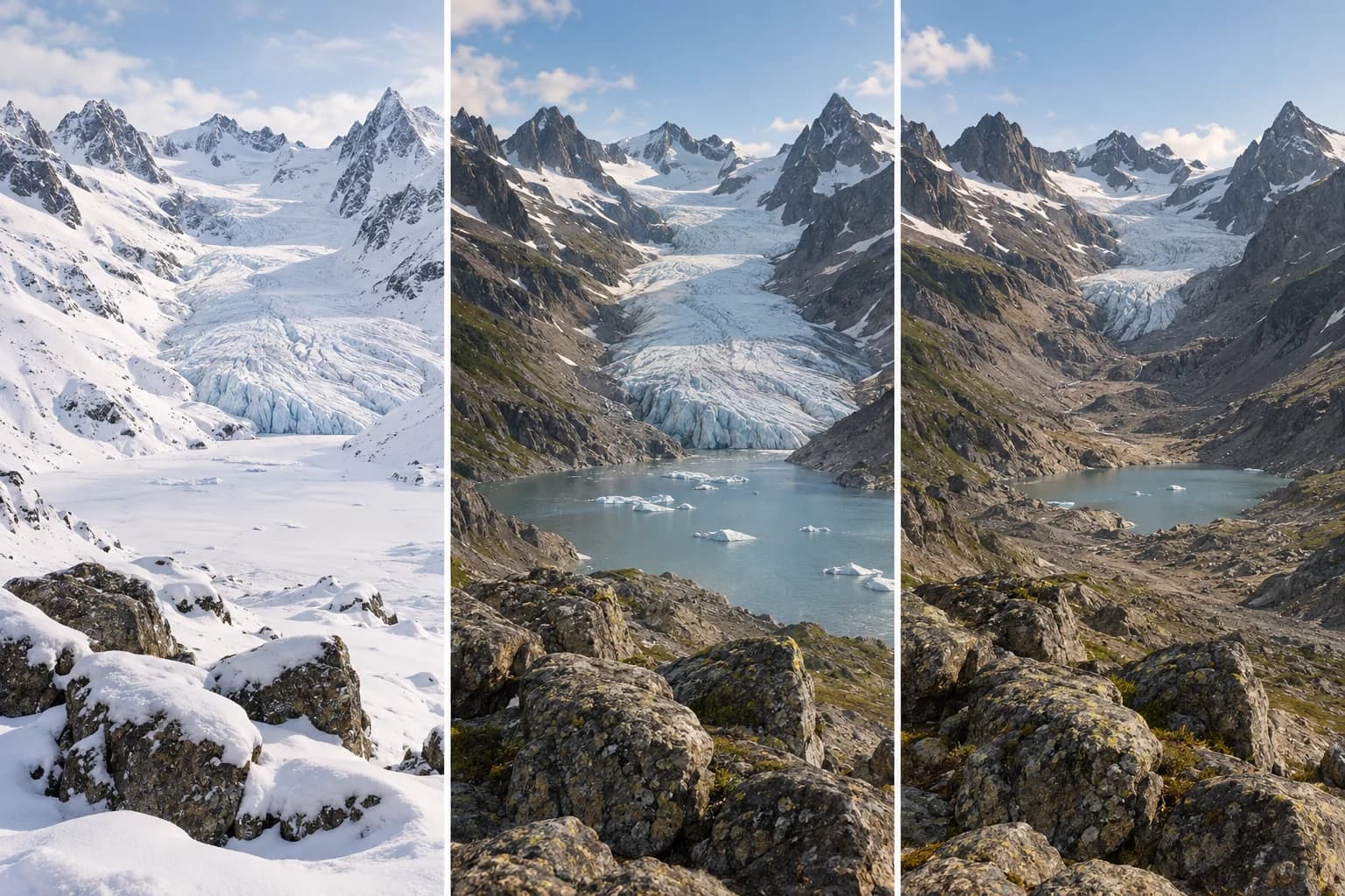 Glaciar ficticio con nieve estacional, sin nieve y con lengua retraída desde el mismo ángulo