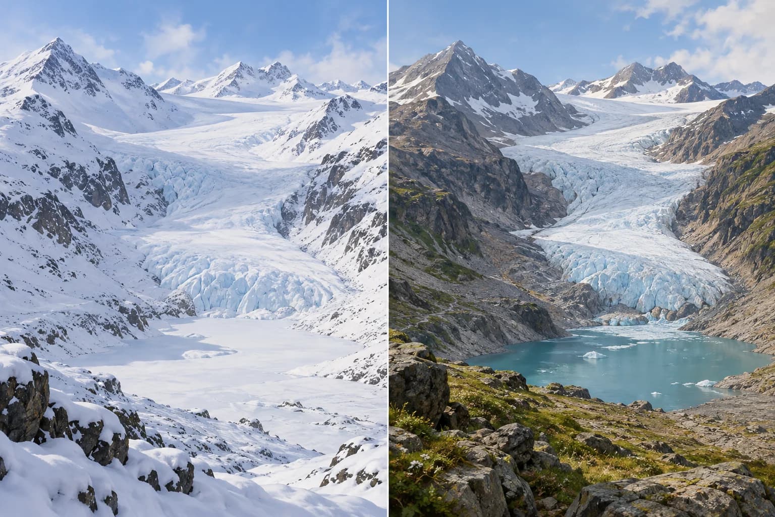 Ilustración conceptual creada con IA de un mismo valle sin nombre en invierno y verano, con nieve variable alrededor del mismo contorno glaciar.