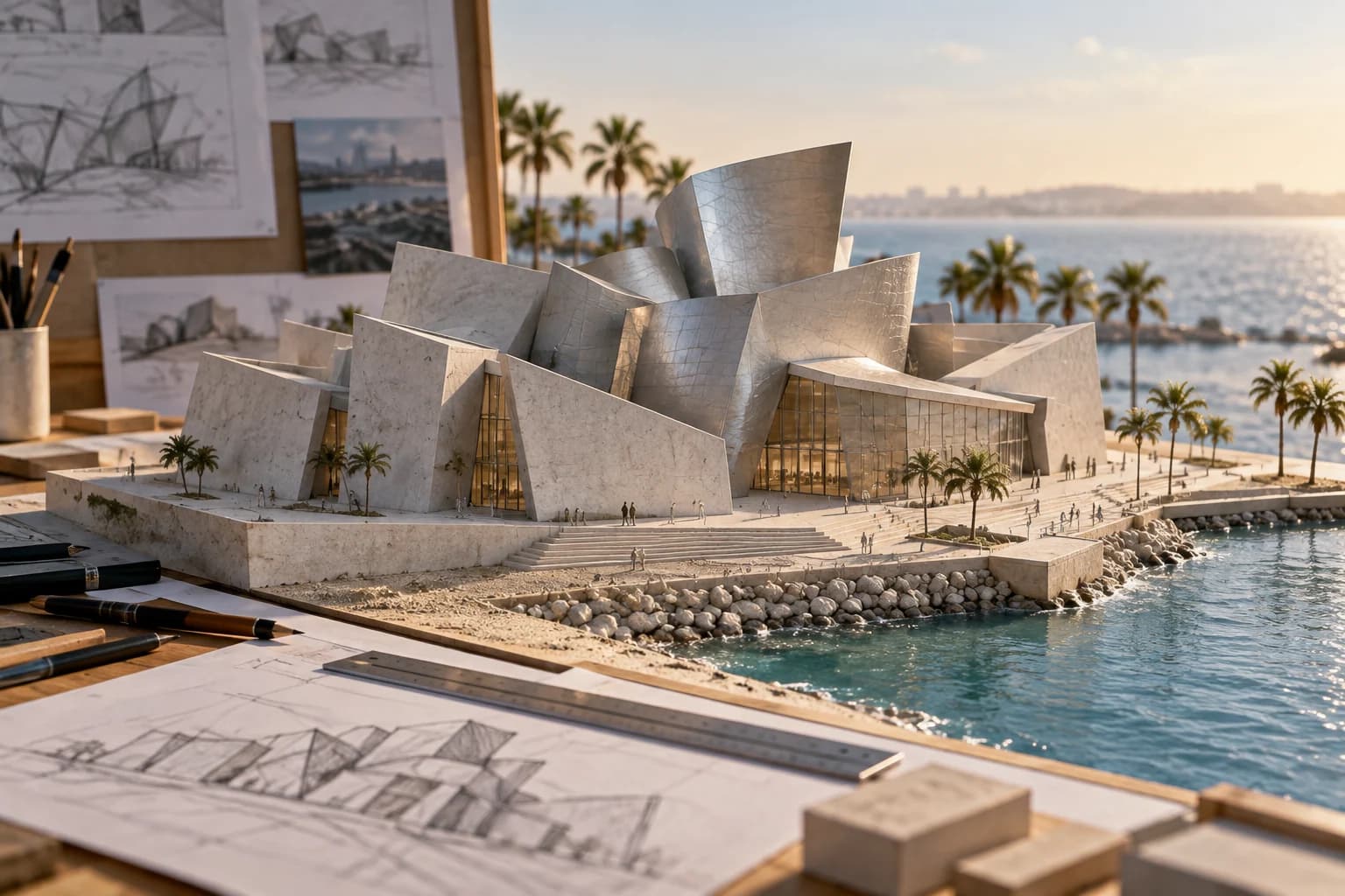 Ilustración conceptual de IA de una maqueta de museo junto a una costa arenosa y herramientas.