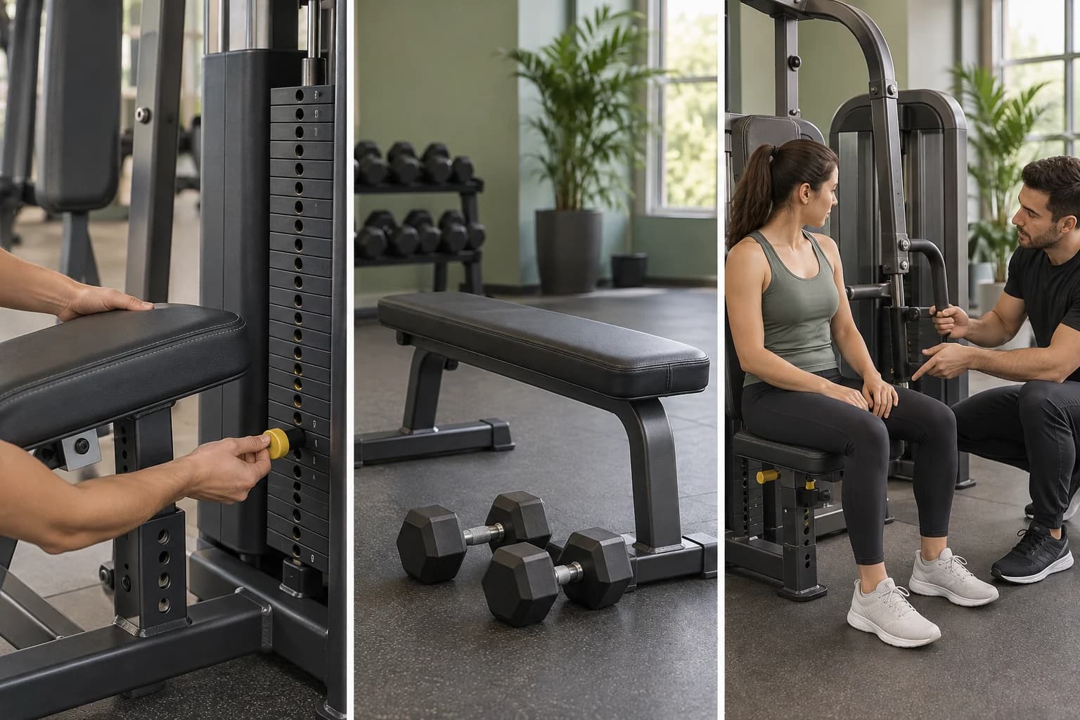 Machine adjustment, dumbbells beside a bench and a setup discussion with a trainer