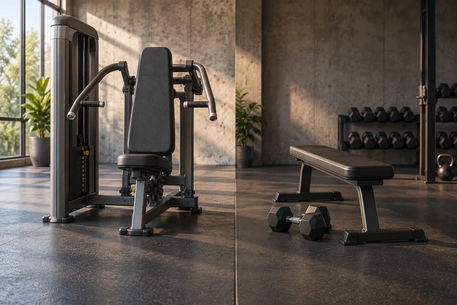 AI conceptual illustration of an empty gym with a guided chest-press machine on one side and a flat bench with dumbbells on the other.
