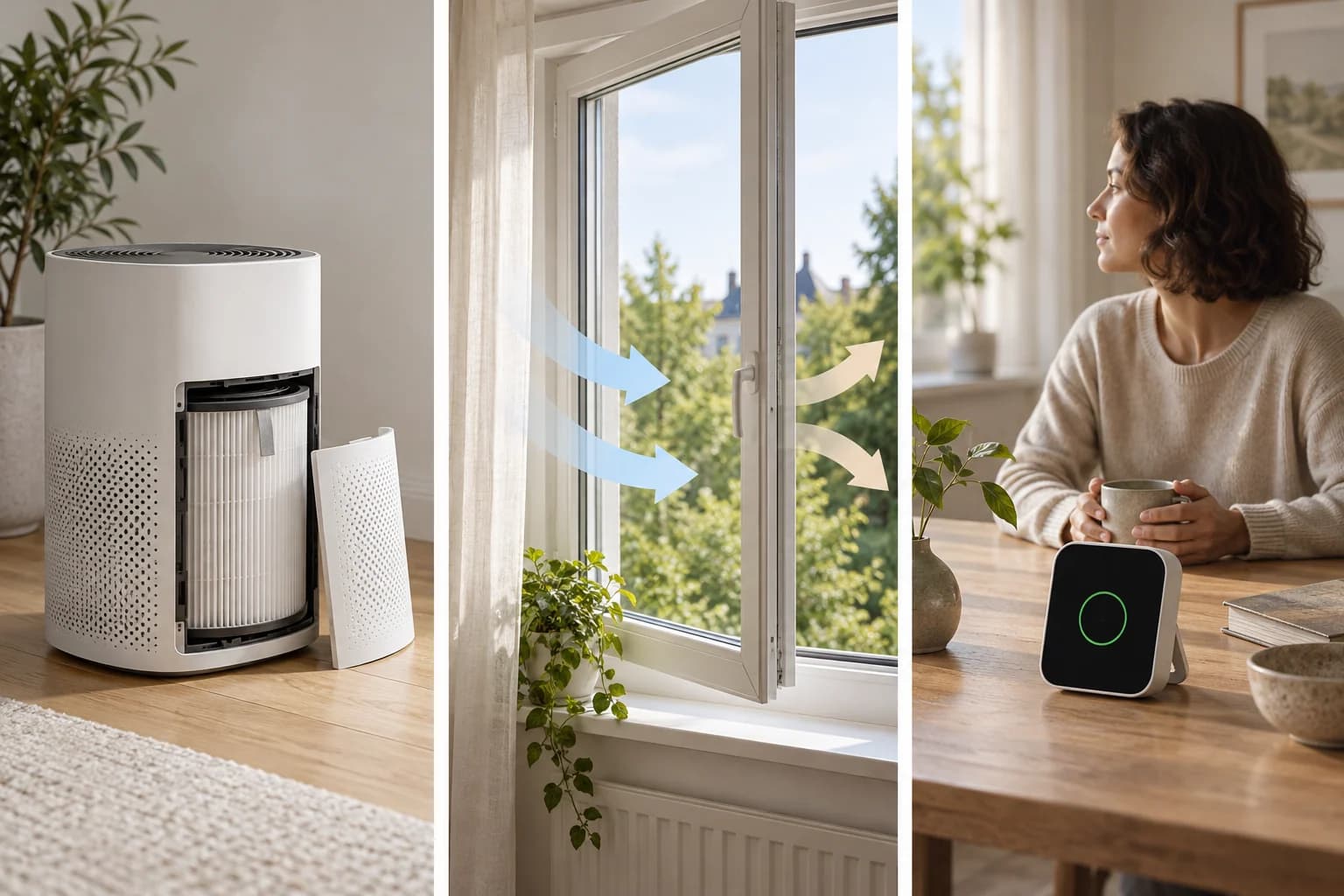 A HEPA filter, an open window for air exchange and a CO₂ monitor