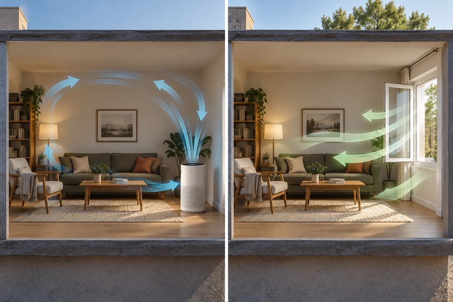 AI conceptual illustration of the same room with a recirculating purifier in one view and outdoor air entering through a window in another.