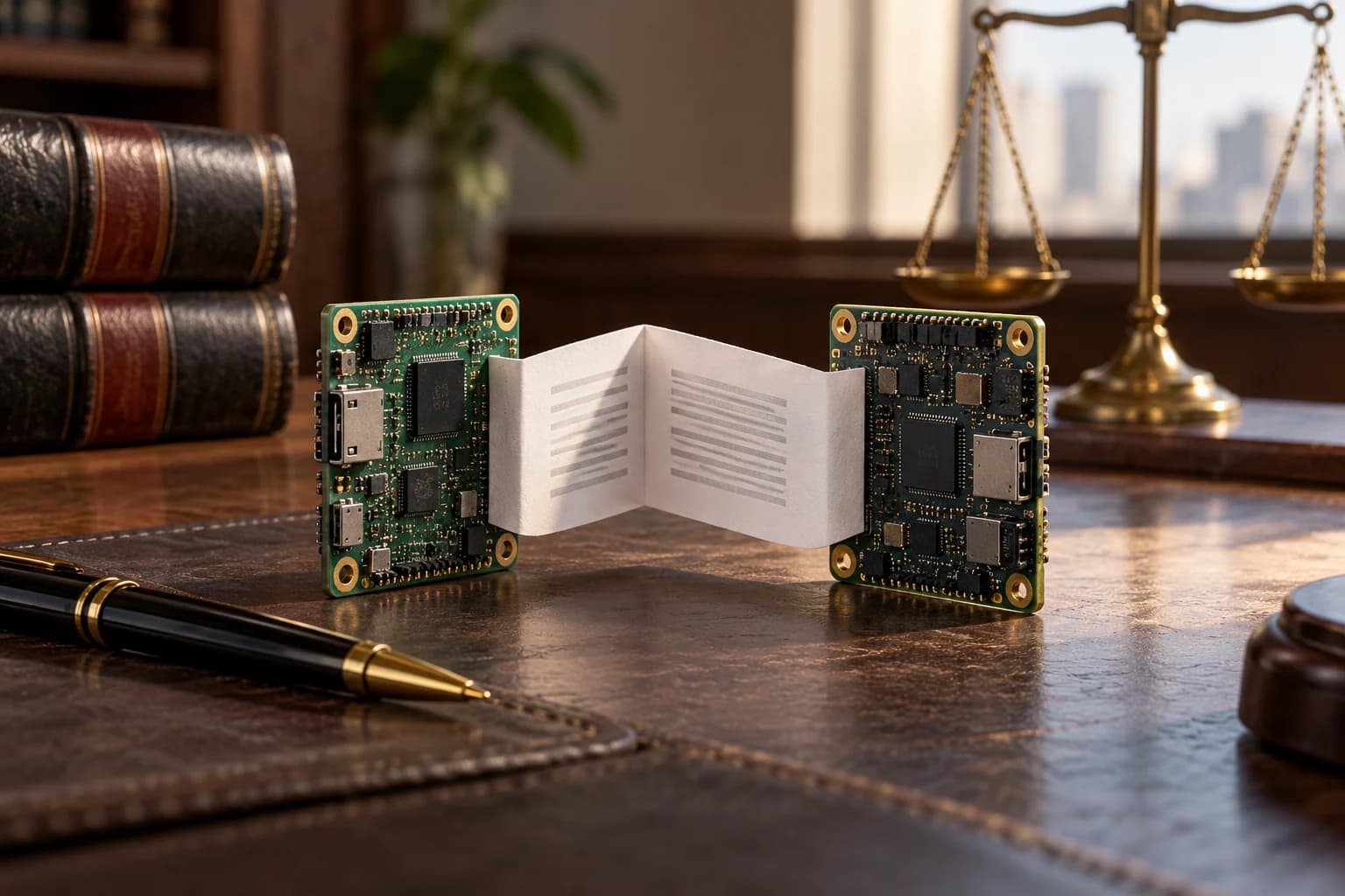 Two unmarked circuit boards beside folded licensing paper and a pen