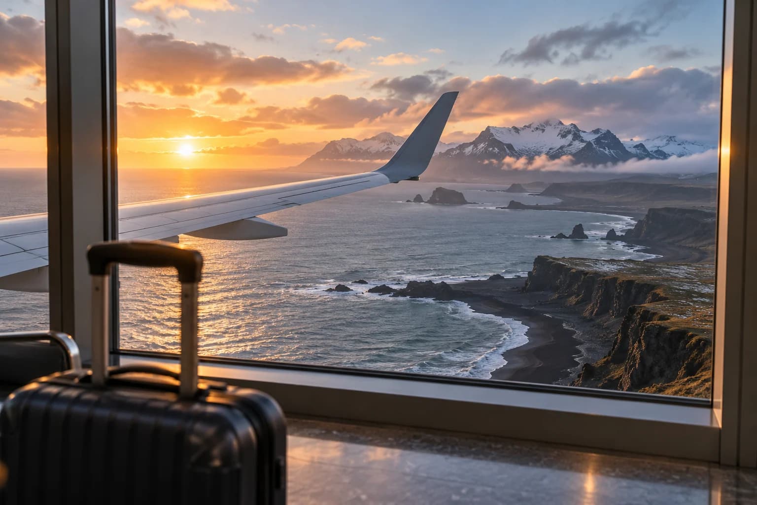 Terminal-window scene with a wing, volcanic coastline and suitcase handle